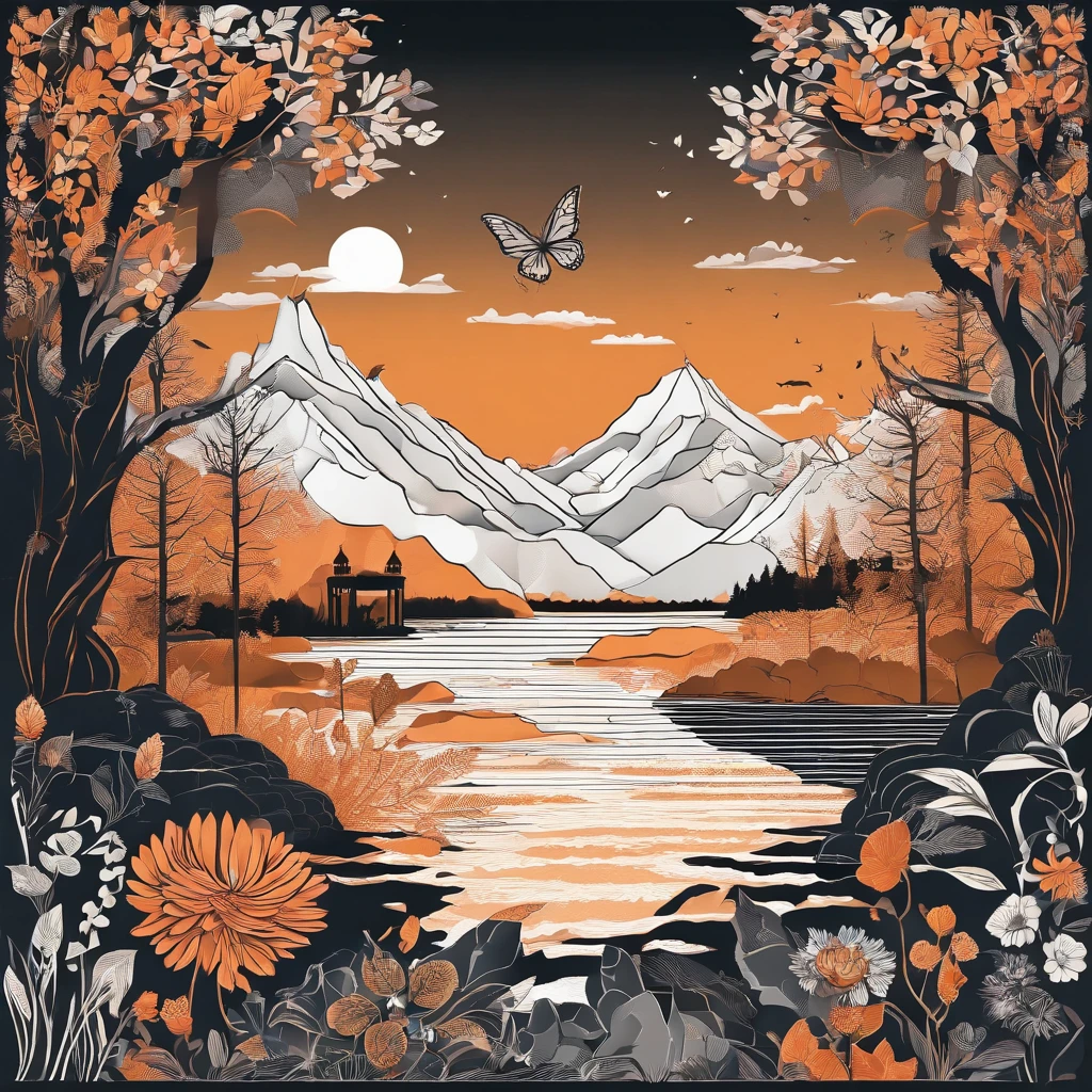 (best quality,4k,highres,masterpiece:1.2),ultra-detailed,realistic,hdr,dreamy orange and black pastel color palette,intricate paper art style illustration,forest,river running,colorful butterflies,dense foliage,vibrant flowers,towering trees,sunlight filtering through the leaves,peaceful atmosphere,reflection on the water,serene ambiance,soft lighting,dream-like,ethereal scenery,magical and enchanting environment.