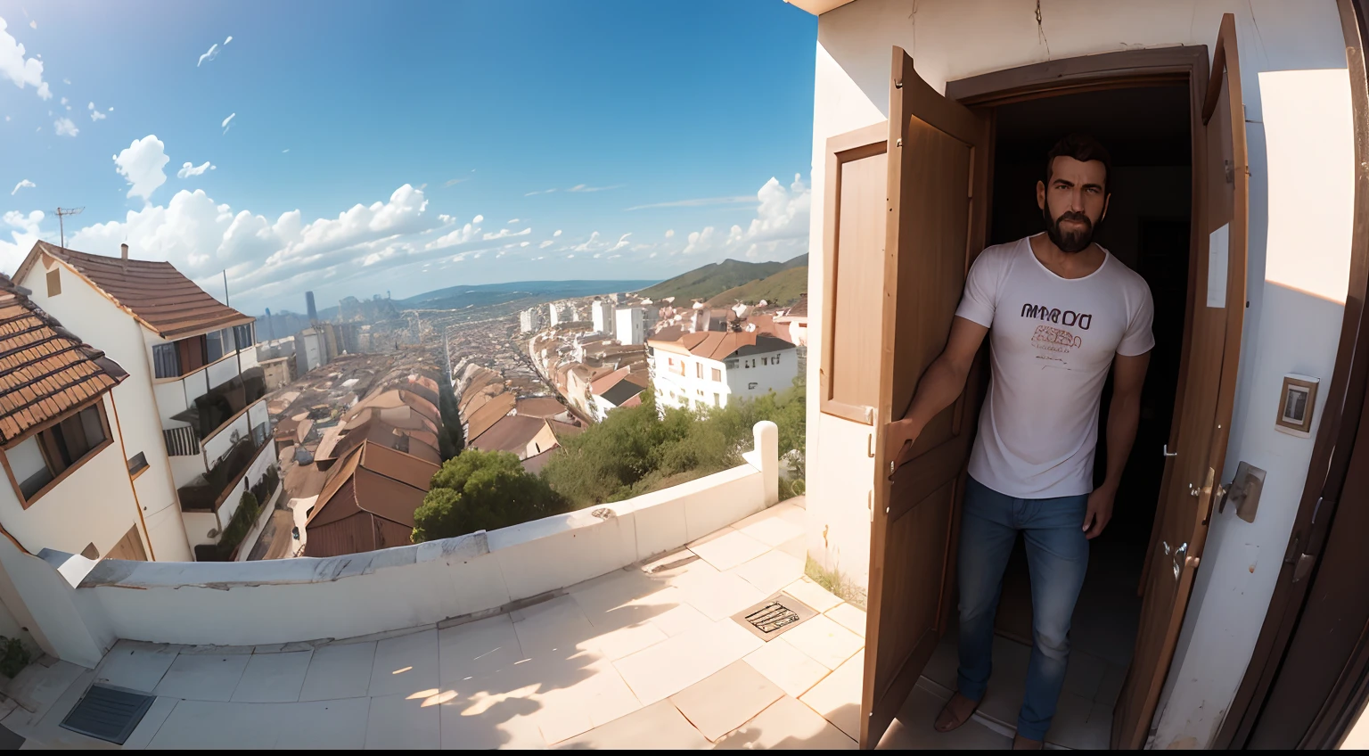 panorama view, un hombre, parado en la puerta de su casa, con remera completamente blanca