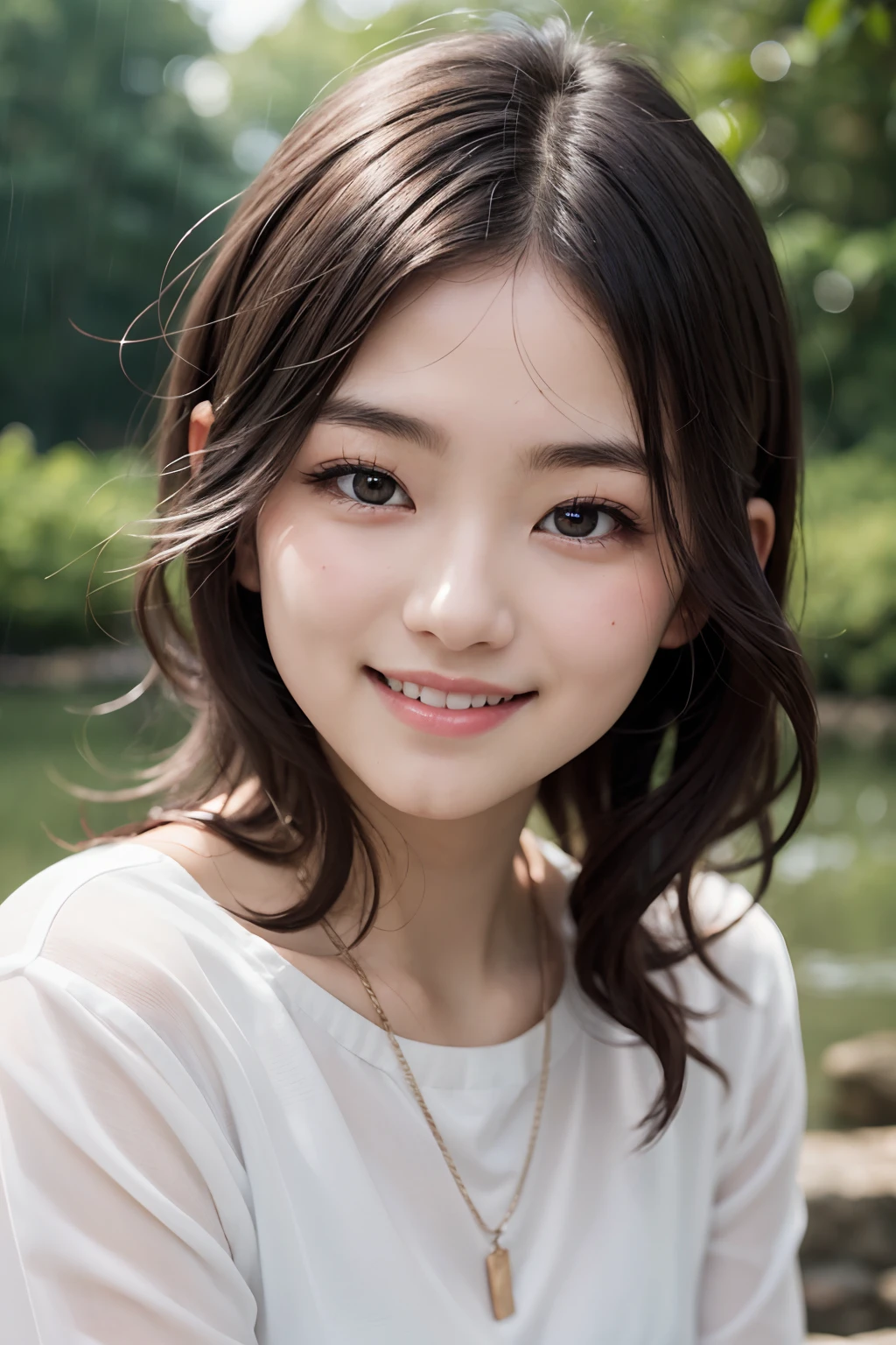 lake, forest, rain, studio light, depth of field, upper body, slender, cute face, big smile, beautiful detail eyes, natural lashes, 18 years old Japan person, cute, warm brown voluminous curls, plaza, casual