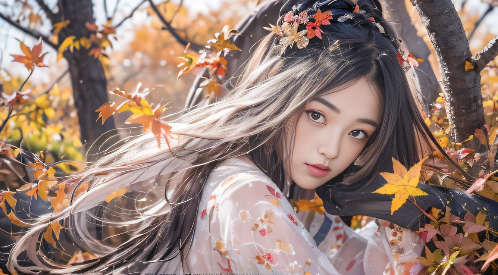 32K autumn views（tmasterpiece，k hd，hyper HD，32K）Long flowing black hair，ponds，zydink， a color， Autumn （Sexy girl nipple）， （Blue and white silk scarf）， Combat posture， looking at the ground， long whitr hair， Floating hair， Carp pattern headdress， Chinese long-sleeved cheongsam， （Abstract gouache splash：1.2）， Pink petal background，Pink and white autumn sunset leaves flying（realisticlying：1.4），Black color hair，Fallen leaves flutter，The background is pure， A high resolution， the detail， RAW photogr， Sharp Re， Nikon D850 Film Stock Photo by Jefferies Lee 4 Kodak Portra 400 Camera F1.6 shots, Rich colors, ultra-realistic vivid textures, Dramatic lighting, Unreal Engine Art Station Trend, cinestir 800，Long flowing black hair，see-through transparent clothes