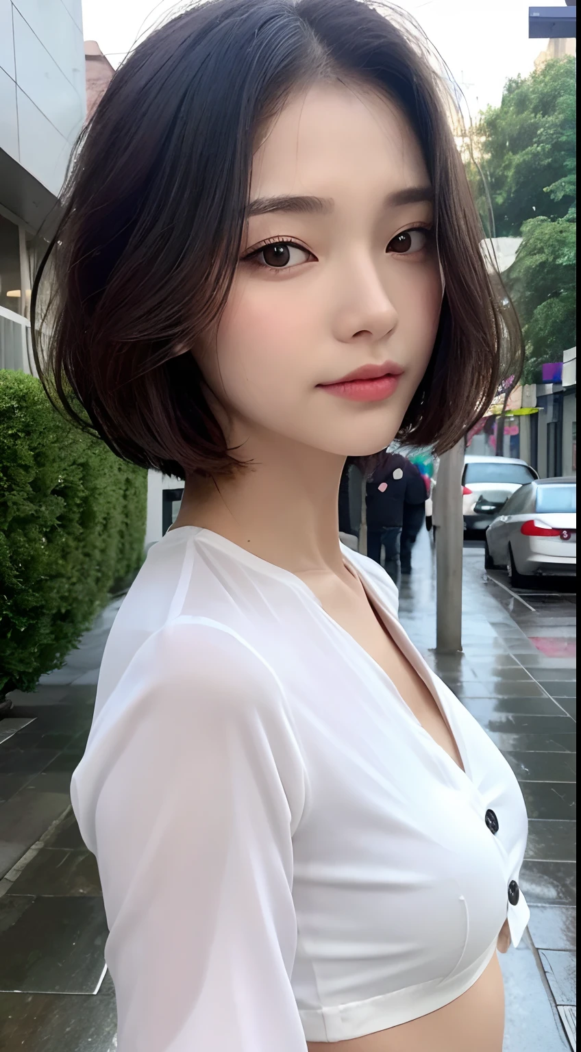 ((of the highest quality, 8K, masutepiece: 1.3)), Sharp Focus: 1.2, A beautiful woman with perfect body: 1.4, Slim abdomen: 1.2, ((Layered Haircut, Small: 1.2)), (No bra) (Small beautiful hard ) (Thin moist buttons up to shirt length: 1.1), (White shirt wet from rain), (Rain, Street: 1.2), Wet body: 1.1, Highly detailed face and skin texture, Detailed eyes, Double eyelids,