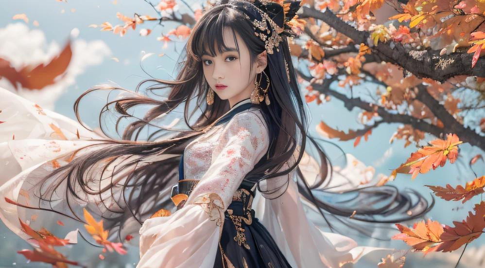 32K autumn views(tmasterpiece,k hd,hyper HD,32K)Long flowing black hair,ponds,zydink, a color, Autumn (Sexy girl nipple), (Blue and white silk scarf), Combat posture, looking at the ground, long whitr hair, Floating hair, Carp pattern headdress, Chinese long-sleeved cheongsam, (Abstract gouache splash:1.2), Pink petal background,Pink and white autumn sunset leaves flying(realisticlying:1.4),Black color hair,Fallen leaves flutter,The background is pure, A high resolution, the detail, RAW photogr, Sharp Re, Nikon D850 Film Stock Photo by Jefferies Lee 4 Kodak Portra 400 Camera F1.6 shots, Rich colors, ultra-realistic vivid textures, Dramatic lighting, Unreal Engine Art Station Trend, cinestir 800,Long flowing black hair,see-through transparent clothes