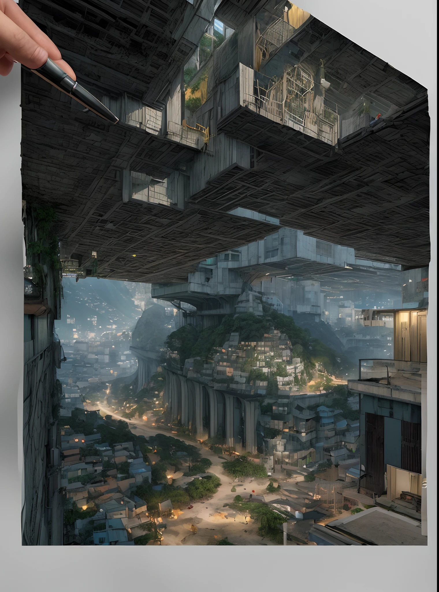 portada Angra SDXLTitle: "Dystopian Rio: The Favela Labyrinth" Artists: Alejandro Burdisio and Tsutomu Nihei Composition: Collaboratively craft a visually captivating composition that masterfully combines the following elements: Foreground: Create a striking low-angle view of a dystopian valley. Flank this valley with imposing structures on both sides, casting shadows and instilling a sense of foreboding. Centerpiece: Design a thin hiking trail that winds ominously upwards through the valley, evoking an impending sense of danger. Seamlessly integrate an immense and intricately detailed favela into the valley, stretching from the base to the distant horizon. Highlight the architectural complexity of the favela, with special emphasis on the center of the composition. Color Palette: Employ a somber and foreboding color palette, reminiscent of Rio de Janeiro's shadowy urban landscape. Capture the intricate city plan with precise ink pen outlines, enhancing the watercolor technique to create depth and detail. This collaborative masterpiece should serve as a powerful visual narrative, drawing viewers into the heart of a dystopian world where the favela of Rio de Janeiro becomes an integral and labyrinthine part of the landscape, emphasizing both its complexity and the sense of impending danger., cinematic, illustration, architecture, conceptual art