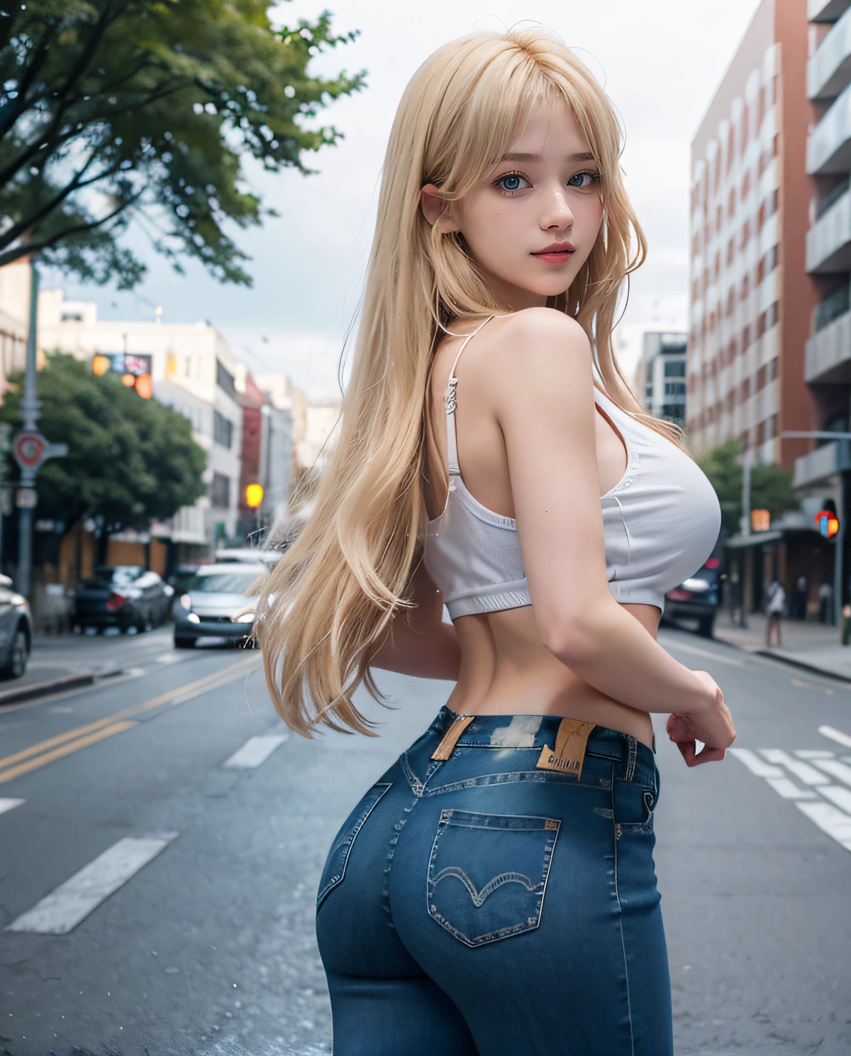 1girl, (Blue eyes), (Smile), (Sana Minatozaki), wide hips, Big Boobs, big ass, round butt, (Best Quality, 8k, Masterpiece: 1.3), perfect hands, Clear Focus: 1.2, Perfect Body Beauty: 1.4 , Slender Abs: 1.2, Highly detailed face and skin texture, detailed eyes, double eyelids, (blonde long bangs hair), (tight white t-shirt with red sleeves :1.3), (rip jeans :1.2), standing, dynamic pose, on a busy street in Tokyo