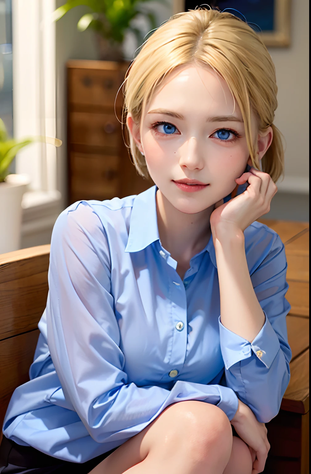 cleanness、wet、(((gradients)))、Collared shirt、1girl in、NSFW、(((White Swedish blonde woman with blue eyes)))、(((Medium bob)))、poneyTail、Bewitching smile、azure eyes、pose for photo、big eye、Beautiful blonde girl、gorgeous young model、beautiful female model、hairarmpits、Estrus face