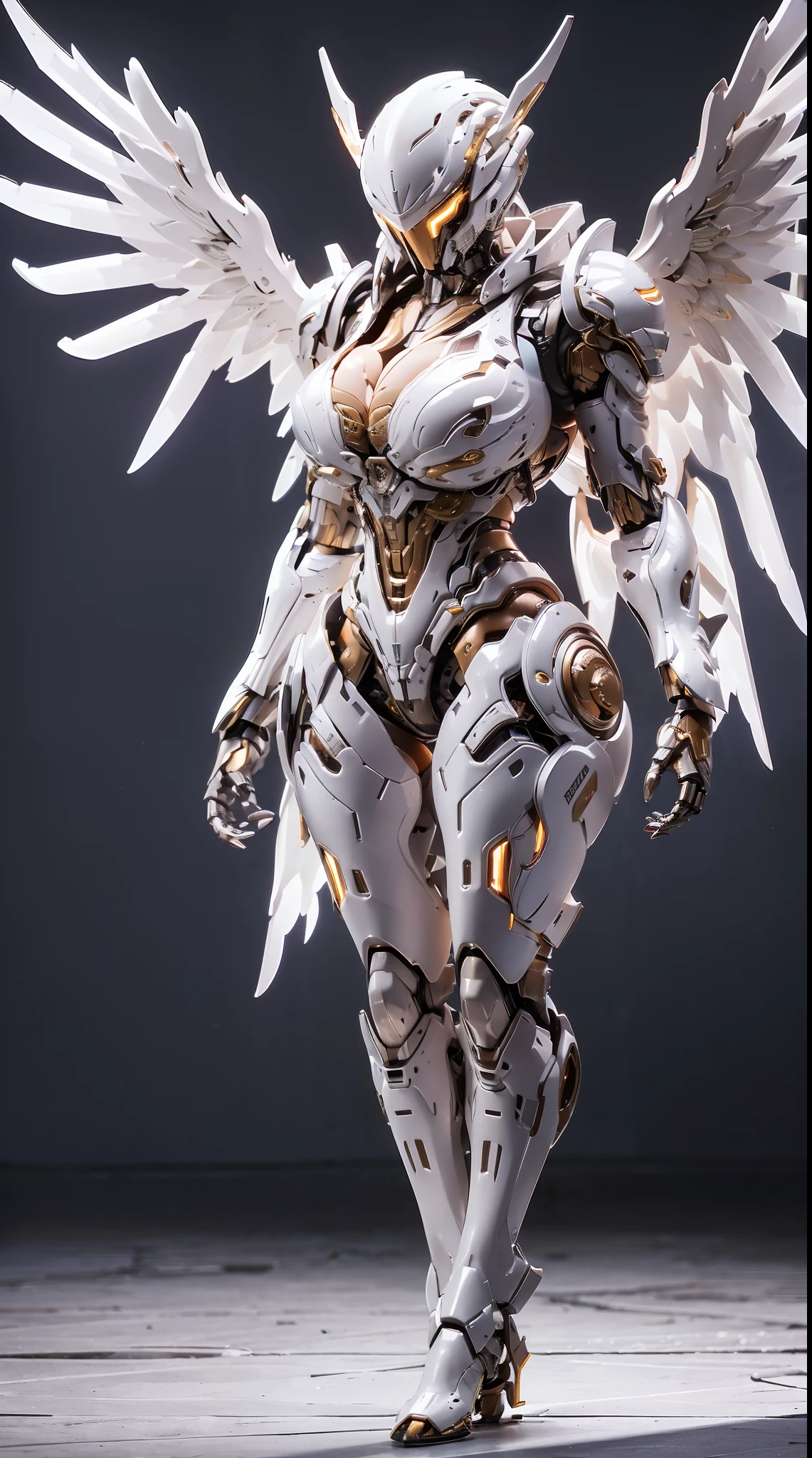 HUGE BOOBS, MECHA ARMOR FULL SUIT, (CLEAVAGE), (A PAIR LARGEST WINGS), TRANSPARANT, TALL LEGS, STANDING, SEXY BODY, MUSCLE ABS.