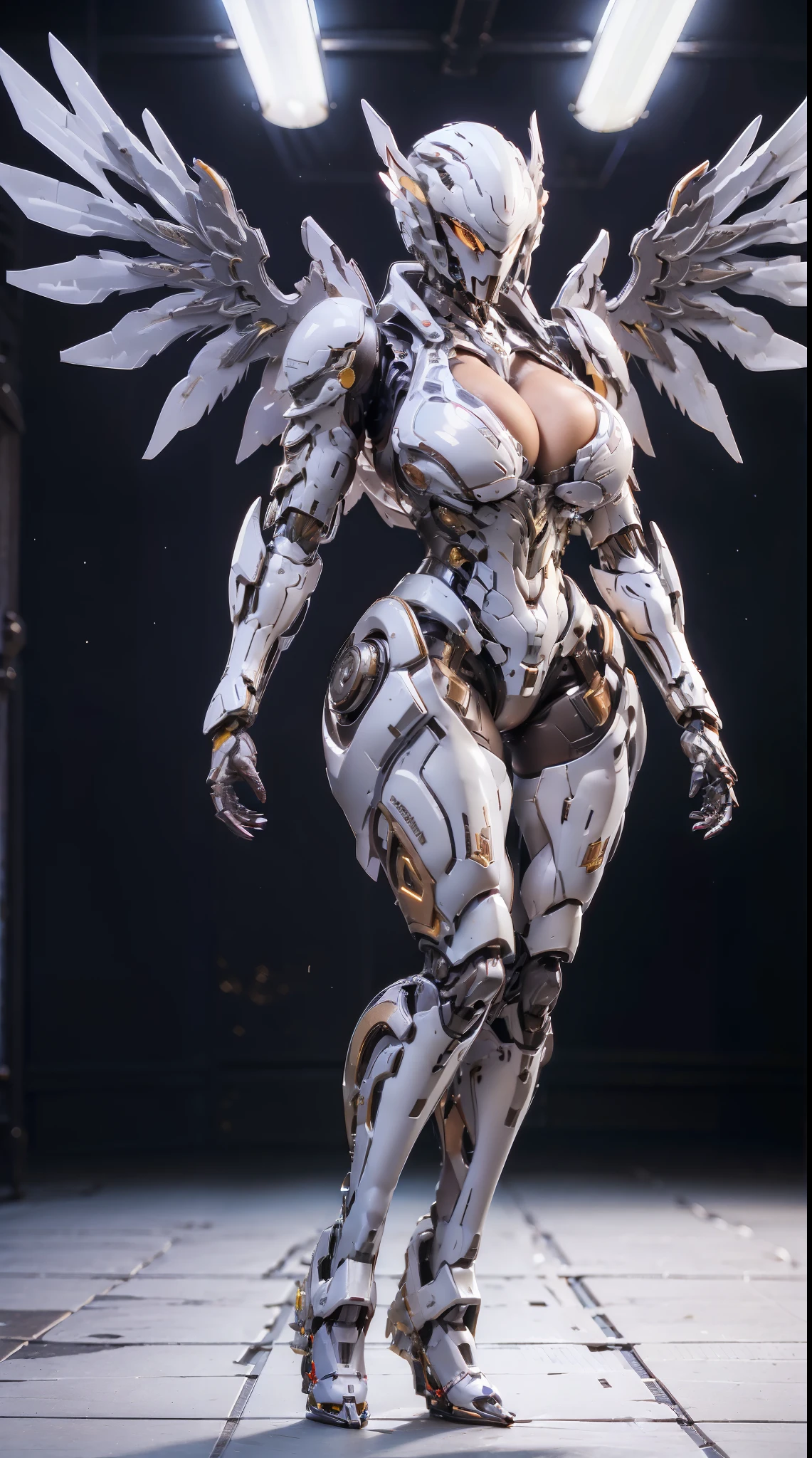 HUGE BOOBS, MECHA ARMOR FULL SUIT, (CLEAVAGE), (A PAIR LARGEST WINGS), TRANSPARANT, TALL LEGS, STANDING, SEXY BODY, MUSCLE ABS.