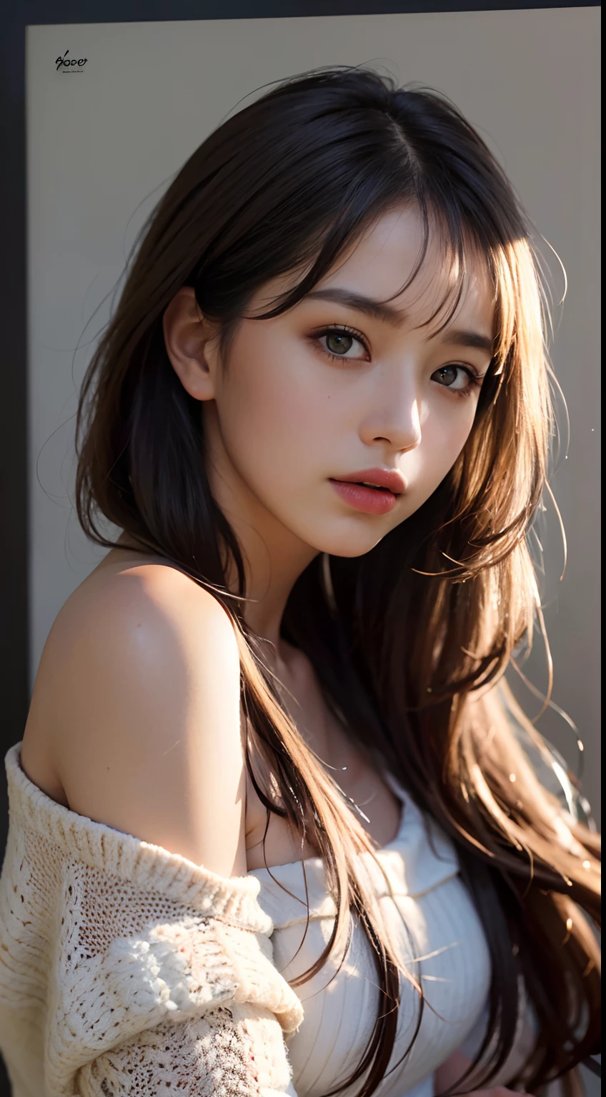A close up of a woman with long hair wearing a sweater - SeaArt AI
