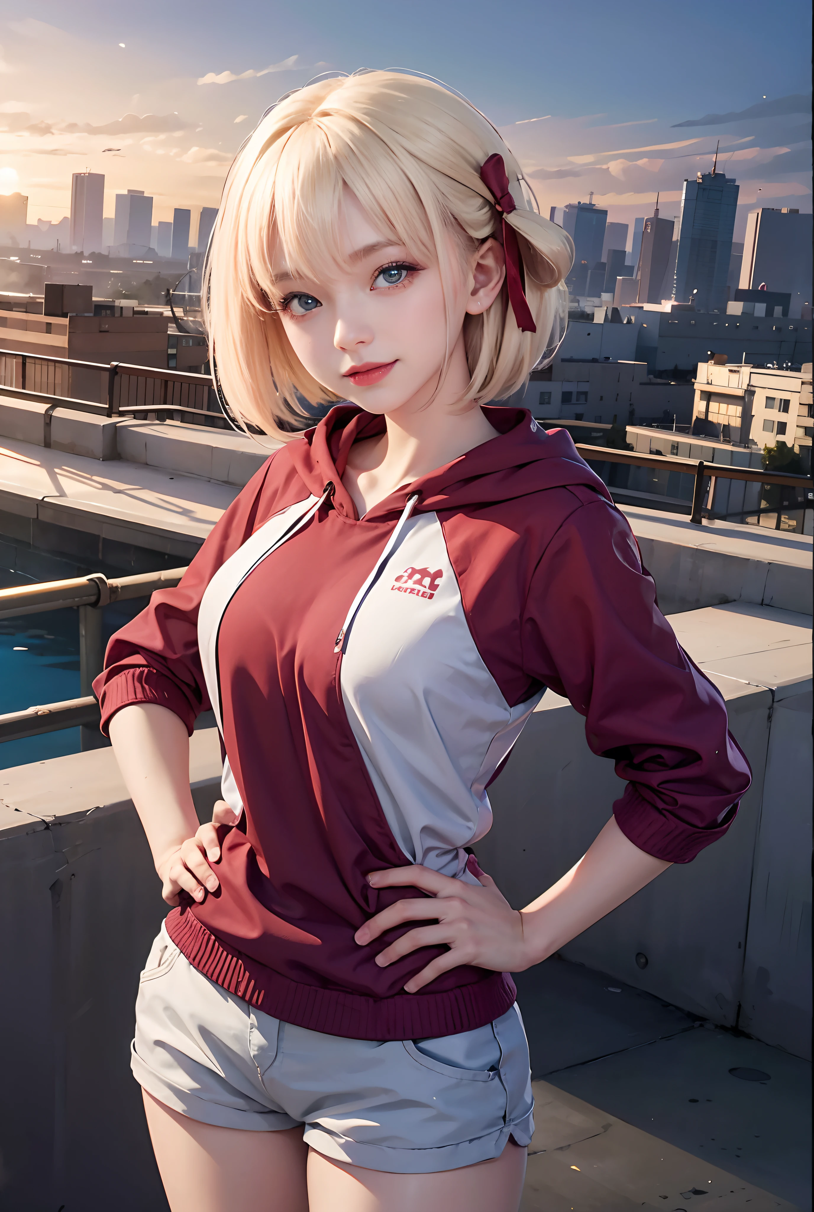 1 girl, ((17 years old)), chisatonishikigi, nishikigi chisato, short hair, bangs, blonde hair, white hair, Very straight hair, (red eyes:1.5), hair ribbon, one side up, bob cut, BREAK shirt, long sleeves, dress, ribbon, white shirt, collared shirt, belt, neck ribbon, red dress, blue ribbon, pleated dress, grey dress, two-tone dress, red belt, lycoris uniform,, BREAK outdoors, city, BREAK looking at viewer, BREAK (masterpiece:1.2), best quality, high resolution, unity 8k wallpaper, (illustration:0.8), (beautiful detailed eyes:1.6), extremely detailed face, perfect lighting, extremely detailed CG, (perfect hands, perfect anatomy), ((Small breats)), Smile thin, (From Above),