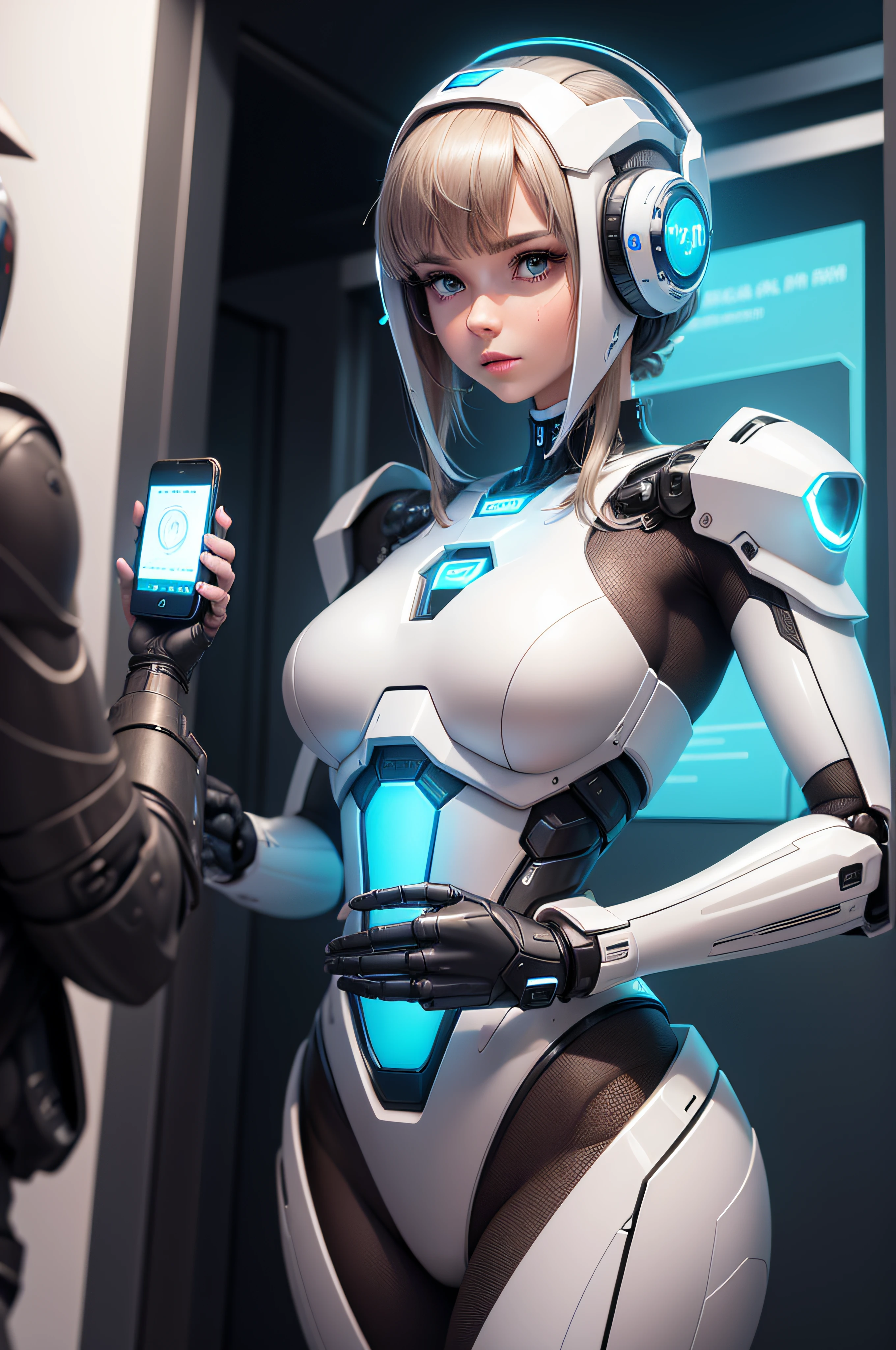 Create an image of a robot hand holding a mobile phone. The robot hand should be detailed, metallic and futuristic, with reflections on the surface. O celular deve ser moderno, with a bright, visible screen. A cena deve ser bem iluminada para destacar os detalhes. Adjust the perspective so that the robot's hand is clearly visible, segurando o celular de forma convincente. The final image should convey a sense of advanced technology and futurism.