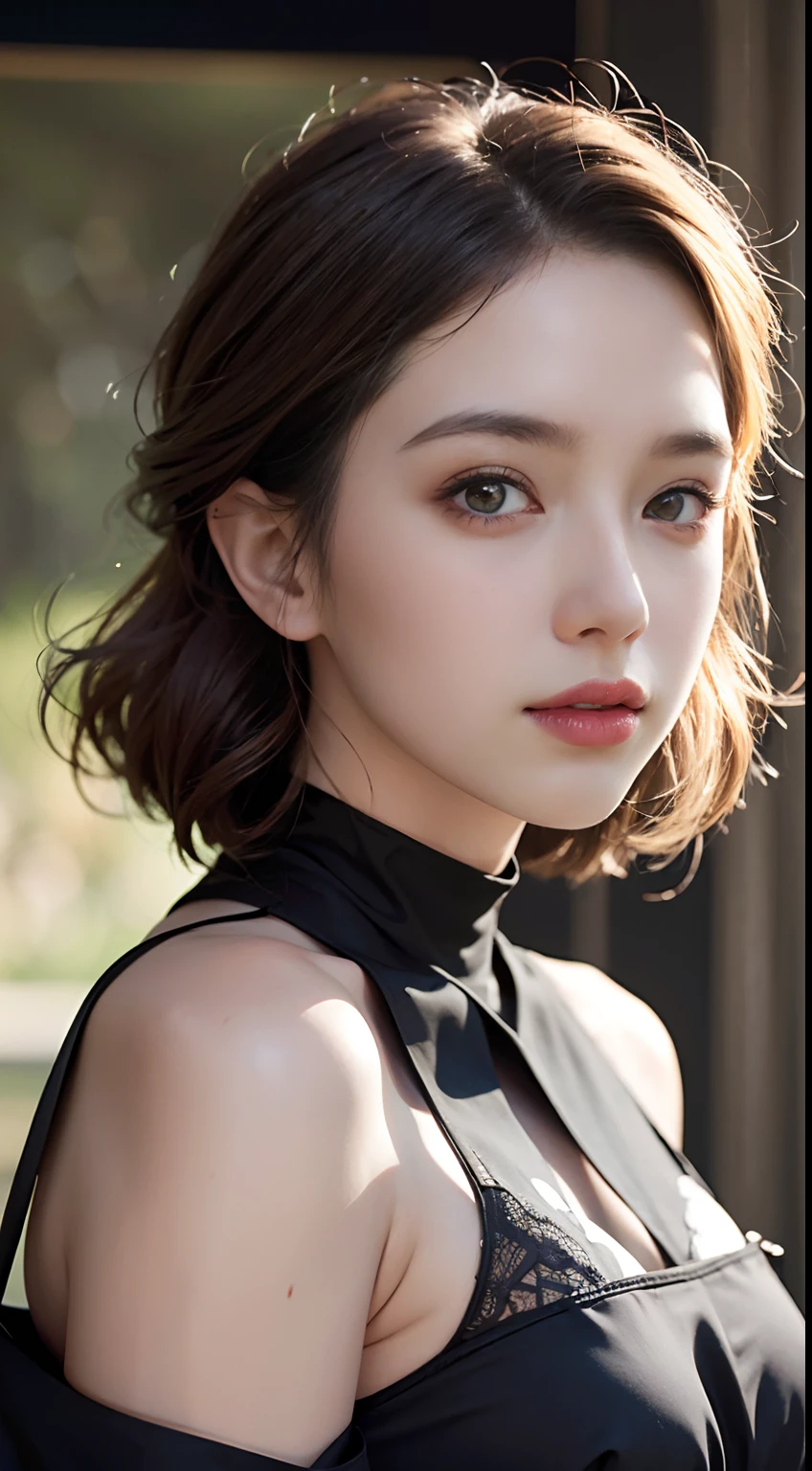 extremely delicate and beautiful girl，realisticlying，Incredibly absurd，abstract  art，From waist to shoulders，catch，extra detailed body，Short Black Hong Kong Style Hair，，Floating hair，light brown hair，Vitone Hair，beautiful fine hair，Exquisite and beautiful face，浅笑，Clear eyes，parted_Lips， Black colored eyes，Neck_bow ribbon，frilld_Dress，beautiful and clear background，Beautiful sky，full bloom，very precise details，absurderes，extremely CG，((A sexy mature girl:1.5))、Thick lip、Crimson Lip Gloss、eye make up、((40 years:1.5))、Sweaters、Parisian café scene、Sunset sky