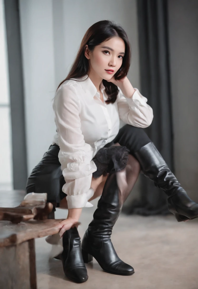 Black leather gloves with five fingers in both hands, black leather tight skirt, white blouse, black leather long boots, Japanese girl with black hair straight, sit on a leather chair with her feet aligned, both hands are aligned on her knees