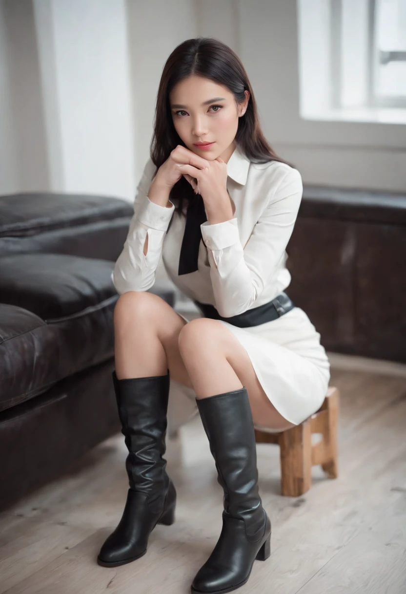 Black leather gloves with five fingers in both hands, black leather tight skirt, white blouse, black leather long boots, Japanese girl with straight black hair, sit on a leather chair with her feet aligned, both hands of leather gloves are aligned on her knees
