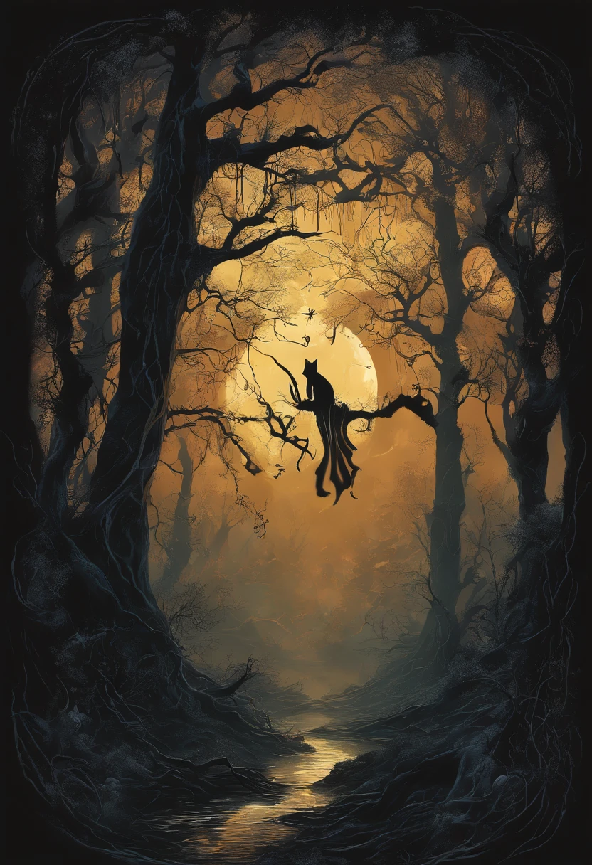 (best quality,4k,8k,highres,masterpiece:1.2),ultra-detailed,(realistic,photorealistic,photo-realistic:1.37),haunted woods,mystical feeling,ominous,enchanted forest,dark shadows,mysterious fog,ancient trees,twisted branches,gloomy atmosphere,ethereal glow,silhouettes of creatures,dappled moonlight,whispering winds,Eldritch magic,haunting spirits,unearthly presence,ghostly apparitions,eerie sounds,crunching leaves underfoot,tangled vines,shimmering mist,enchanted whispers,distant howls,ominous silence,spiderwebs glistening with dew,moonlit path,hidden secrets,lost souls wandering,Limbo realm,void between worlds,senses heightened,heart pounding,thrilling anticipation,supernatural aura,uncanny stillness,dark rituals,otherworldly energy,cloaked figures,whispering trees,occult symbols,haunting echoes