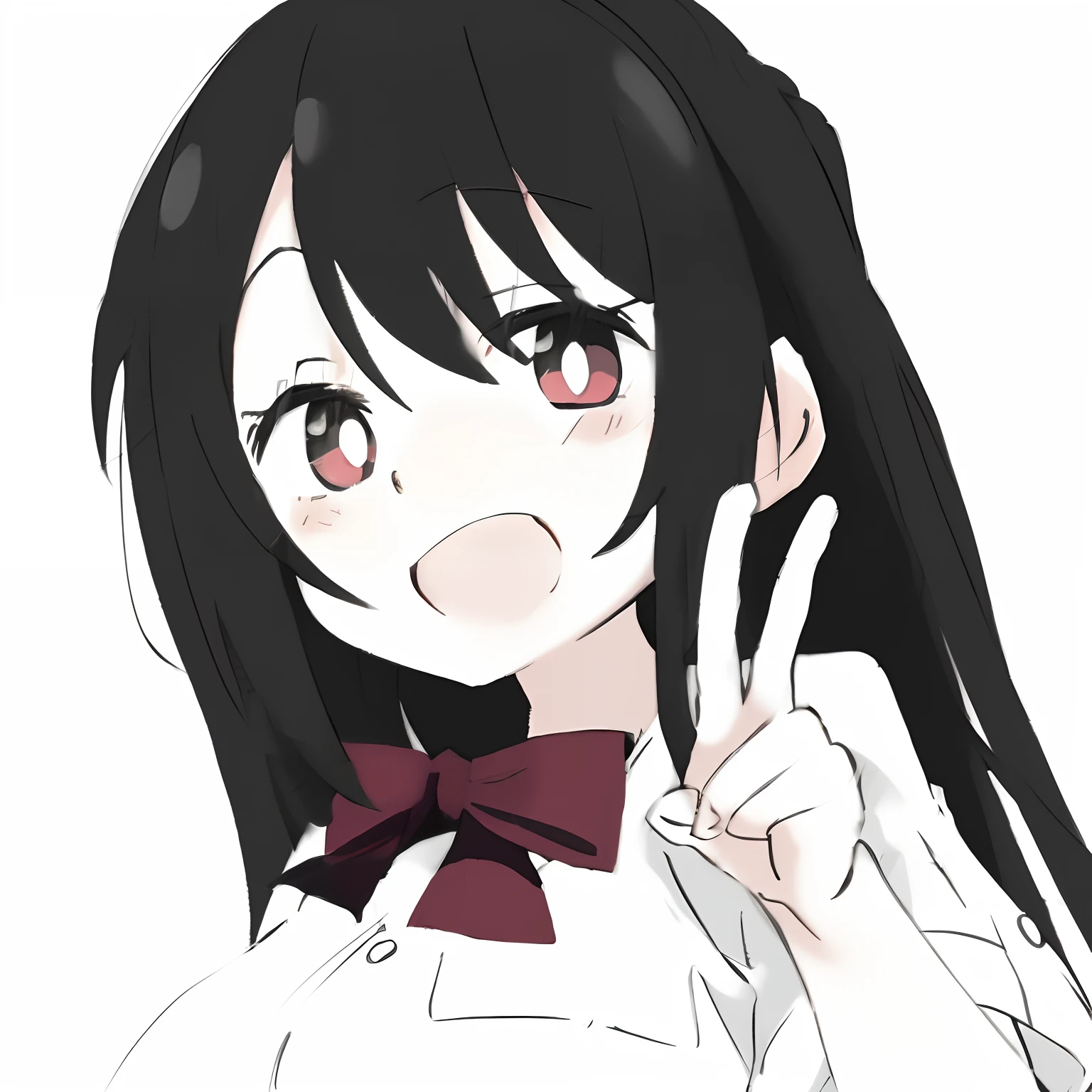 Anime girl with black bangs long hair and a band, Anime appearance of cute girls, Long hair bangs anime girl, cheerful grin, beautiful high school anime girl, anime visual of a young woman, extremely cute anime girl face, Best Girl Anime, radiantsmile,Black long straight,Simple and clean background,Ruddy cheeks,Blushlush,is shy,WeChat avatar,Anime avatar,Smiling eyes
