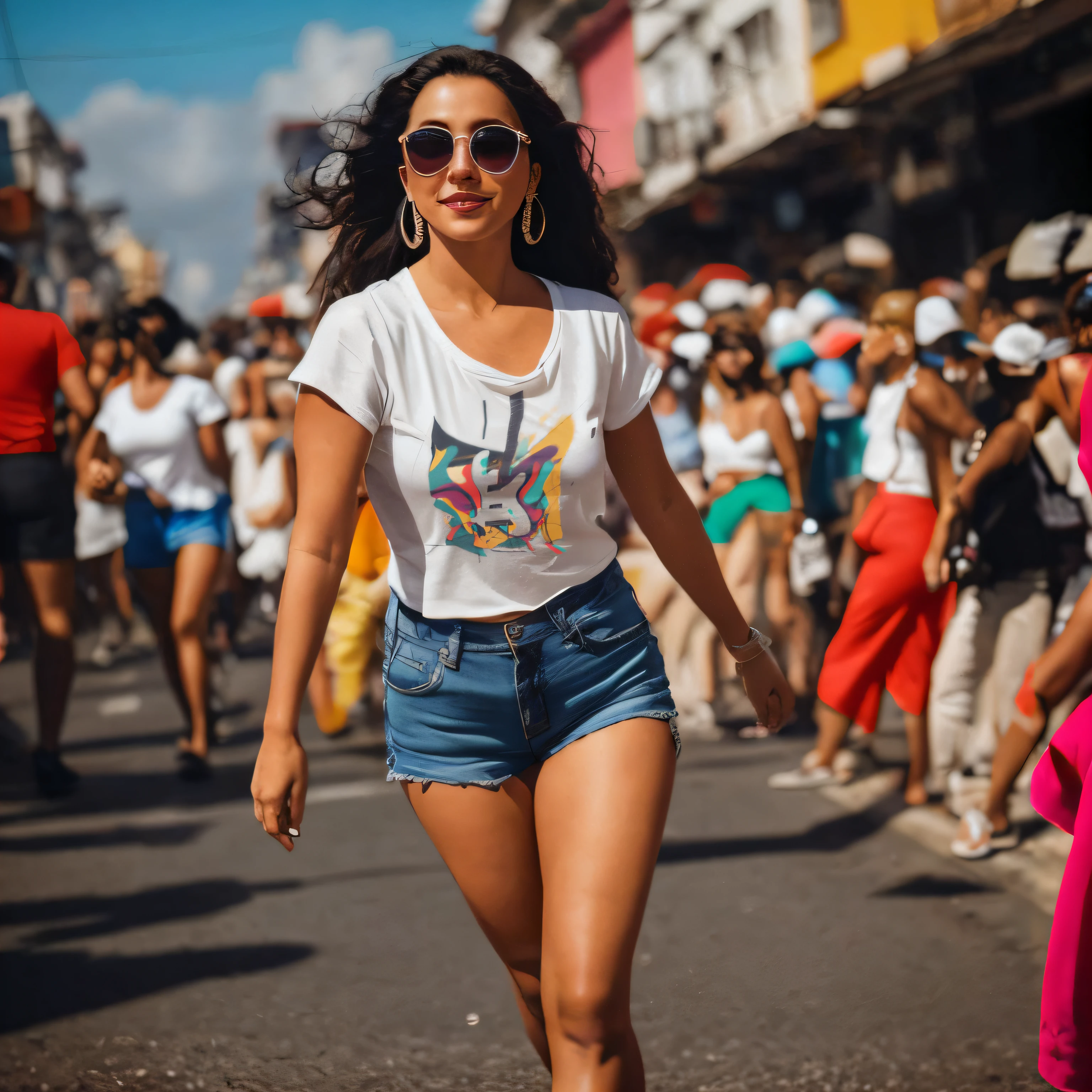 Woman in white shirt and blue shorts walking down the street with crowd, mulher deslumbrante, mulher linda, mulher bonito, Mulher de 30 anos de Cuba, linda senhora, pele bronzeada uma camiseta e shorts, Ruas de Salvador, Mulheres cubanas em Havana, Carnaval de Barranquilla, Malika Favre, Beautiful woman, vestindo bermuda e camiseta