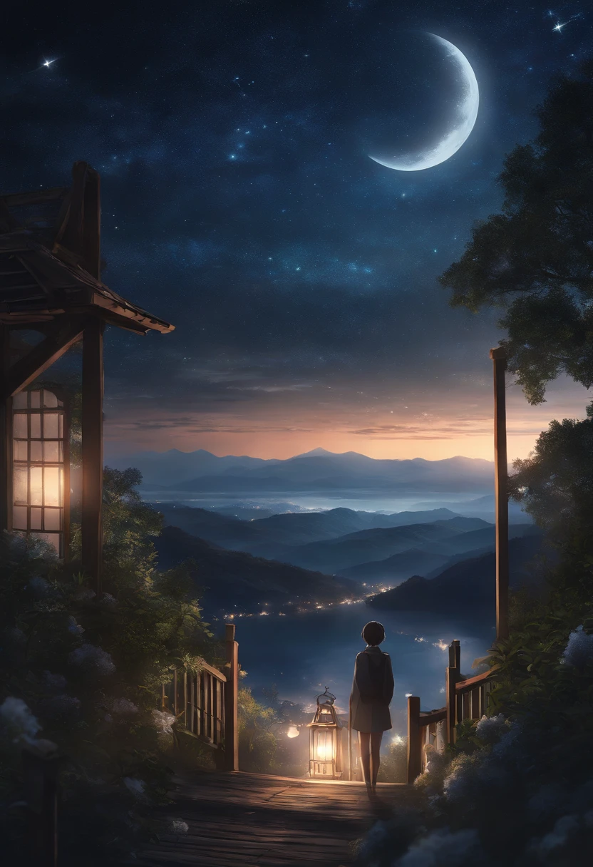 Highly concentrated beauty，Across the sky, Starry Moon Painting, concept art inspired by Tosa Mitsuoki, Pixiv competition winner, Best quality, Fantasy art, beautiful anime scenes, A bright moon, Starry sky environment in moonlight, Dream painting, Anime background art, dream scenery art, Fantastic night, anime backgrounds, background artwork, dreamlike art, Atmospheric anime, Starry sky, Detail enhancement.