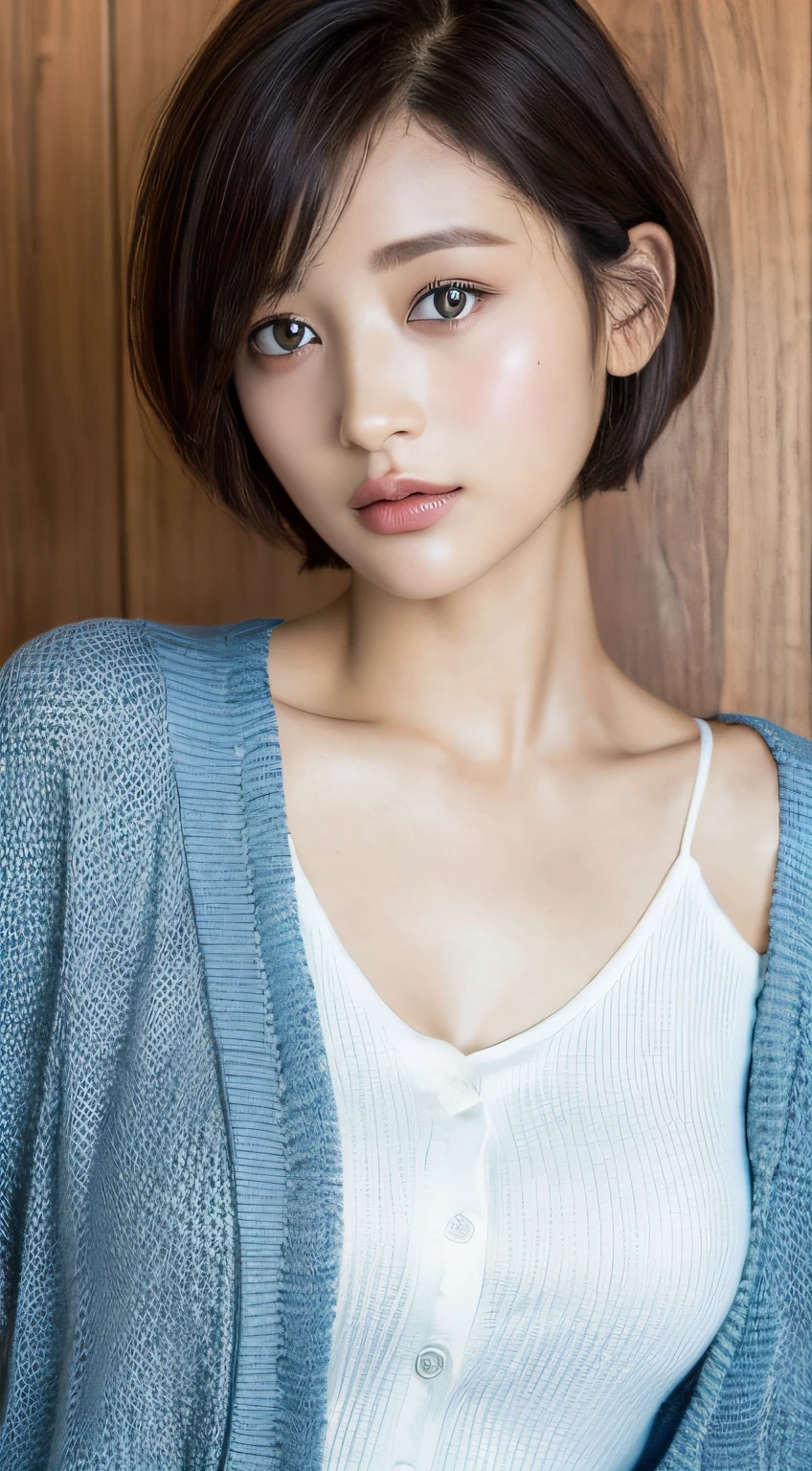 ((top-quality、8K、tmasterpiece:1.3))、1 rapariga、Slender beauty:1.3、(Medium short hair、爆乳:1.2)、Cardigan:1.1、com rosto detalhado、A detailed eye、二重まぶた、cute clothing