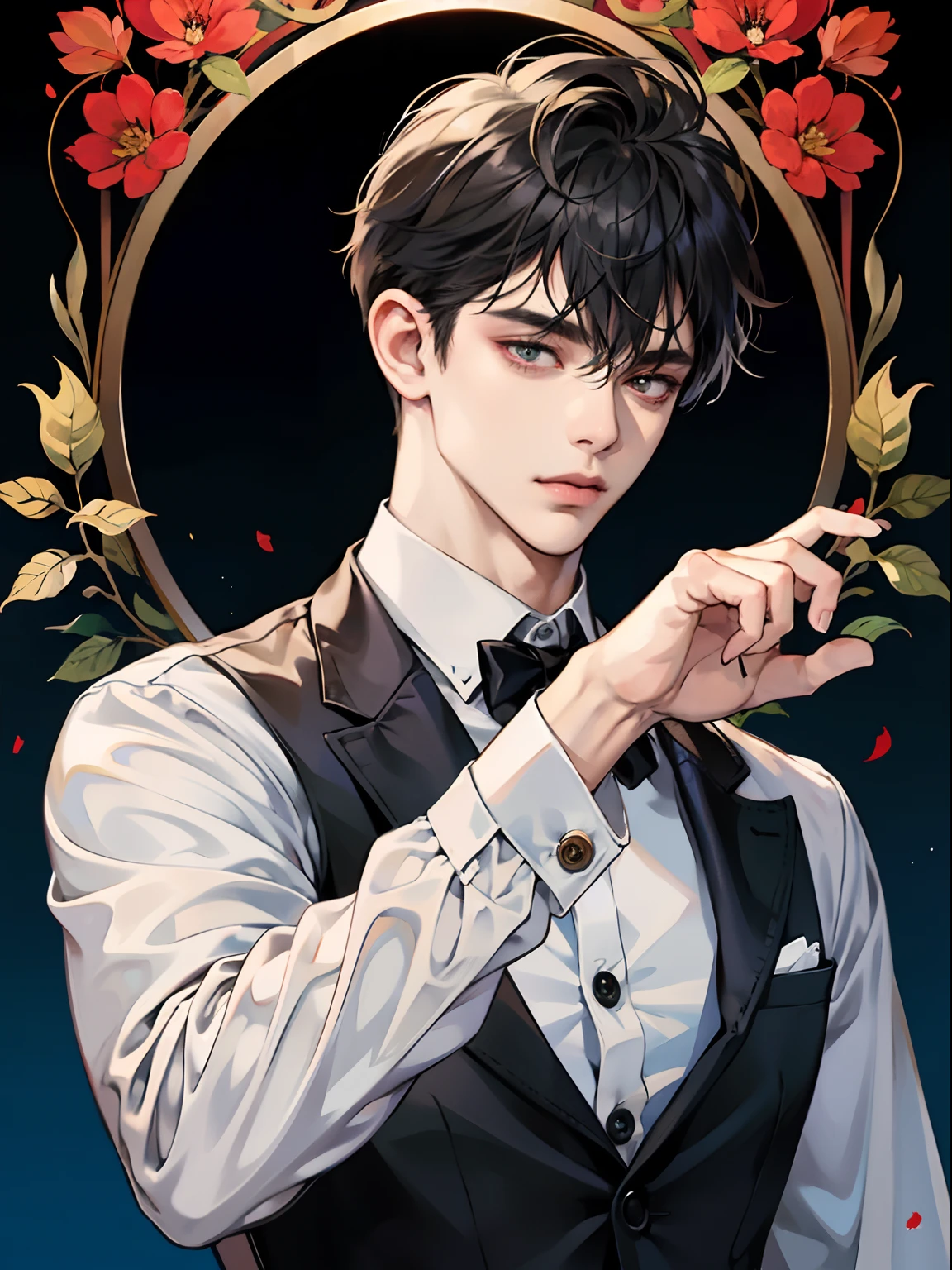 1boy,10 talents、(Man's :2) ,Handsome boy,A dark-haired , fringe hairstyle、(Upper body:1.5)、suit、mid night 、ink and watercolor painting、Chinese charactersa、dark ilumination、hightquality、masutepiece,8K,Bartender guy, fringe hairstyle, red eye color, bartender guy, wearing bartender suit, black hair fringe style, [[[red eye color]]]