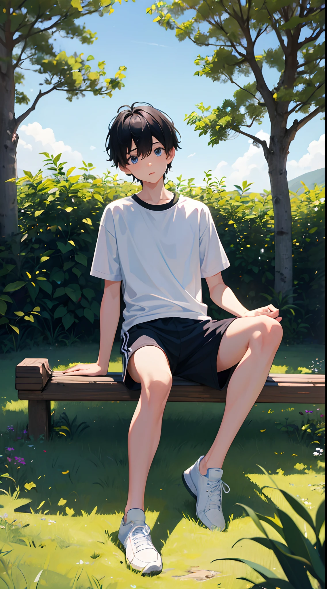 1 boy , blue eyes, black hair, wearing a white sports shirt, wearing black gym shorts, wearing white sneakers, surprised face, surprised eyes, eyes look forward, from the front, sitting, sit and rest under the shade of a tree, tree shadow, sunny weather, noon, resting place next to the jogging field, extremely detailed, best graphics, 8k, ultrasharp, masterpiece