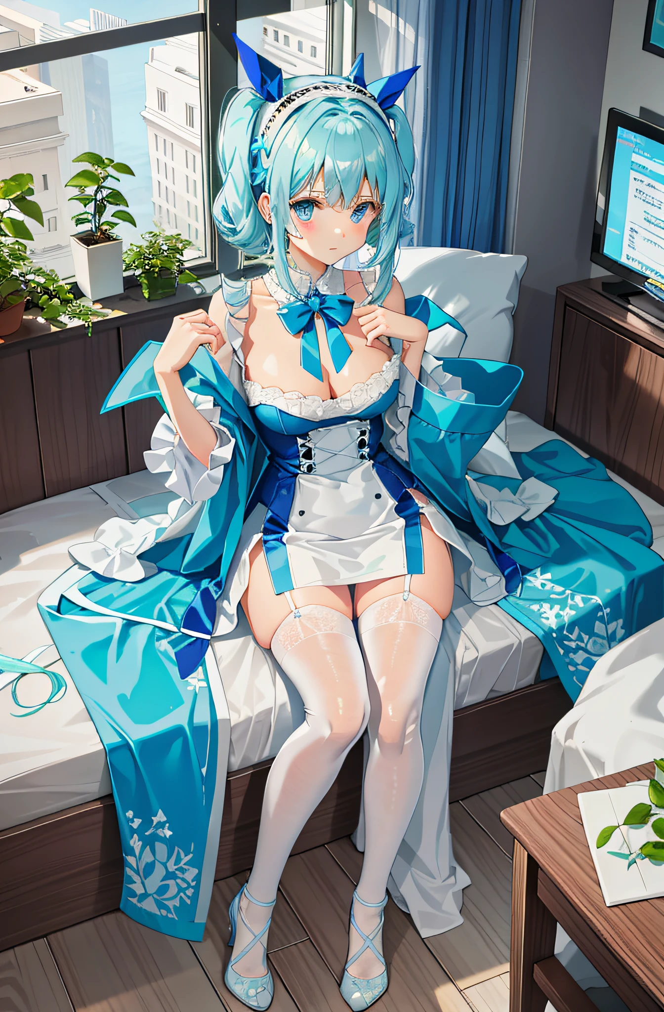 Pure white lace translucent dress，Moist clothes，Stockings reflective，Remove the headband，Light blue feet naked lace-up heels，Underwear moist strengthened，Stockings reflect reinforcement，Lewd expression