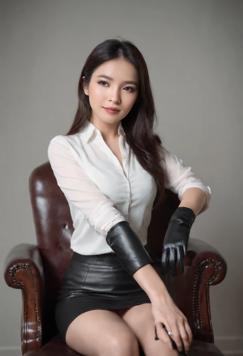 Black leather gloves with five fingers in both hands, black leather tight skirt, white blouse, black leather long boots, Japanese girl with straight black hair, sit on a leather chair with her feet aligned, both hands of leather gloves are aligned on her knees