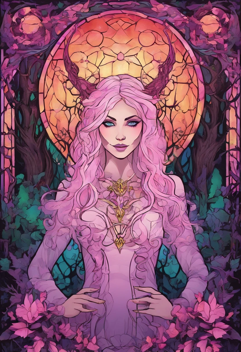 (a pink-haired demon woman,spells:1.1,glowing:1.1)(illustration)(best quality,ultra-detailed,realistic:1.37),demonic witch(demonic:1.1)(magic:1.1)(forest)(dark and mysterious,ominous atmosphere),casting powerful spells,creating magical energy(magic:1.1),vibrant pink hair(swirling pink hair)(flowing pink hair),horns(devil horns:1.1),piercing red eyes,enchanted scepter(magical scepter),elaborate dark robe,glowing magical sigils,fiery embers swirling(magical embers:1.1)(glowing embers),magical aura(glowing aura),eerie shadows,otherworldly presence(presence),sinister smile,nightfall in the background(dark night:1.1)(moonlit forest),lush and dense foliage(twisted trees)(mystical plants:1.1),mystical particles(swirling particles)(floating particles),ethereal glow(ethereal:1.1)(soft glow),faint moonlight breaking through the trees,haunting and captivating(scary atmosphere),bewitching beauty,wide range of colors(vivid colors)(contrasting colors),mystical realm,impressive details,dynamic composition,mesmerizing artwork,photorealistic style(picasso style),impressive shading and lighting,explosive energy,magical atmosphere(fantasy atmosphere),dreamlike scene