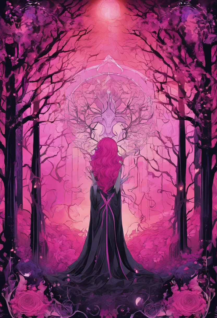 (a pink-haired demon woman,spells:1.1,glowing:1.1)(illustration)(best quality,ultra-detailed,realistic:1.37),demonic witch(demonic:1.1)(magic:1.1)(forest)(dark and mysterious,ominous atmosphere),casting powerful spells,creating magical energy(magic:1.1),vibrant pink hair(swirling pink hair)(flowing pink hair),horns(devil horns:1.1),piercing red eyes,enchanted scepter(magical scepter),elaborate dark robe,glowing magical sigils,fiery embers swirling(magical embers:1.1)(glowing embers),magical aura(glowing aura),eerie shadows,otherworldly presence(presence),sinister smile,nightfall in the background(dark night:1.1)(moonlit forest),lush and dense foliage(twisted trees)(mystical plants:1.1),mystical particles(swirling particles)(floating particles),ethereal glow(ethereal:1.1)(soft glow),faint moonlight breaking through the trees,haunting and captivating(scary atmosphere),bewitching beauty,wide range of colors(vivid colors)(contrasting colors),mystical realm,impressive details,dynamic composition,mesmerizing artwork,photorealistic style(picasso style),impressive shading and lighting,explosive energy,magical atmosphere(fantasy atmosphere),dreamlike scene