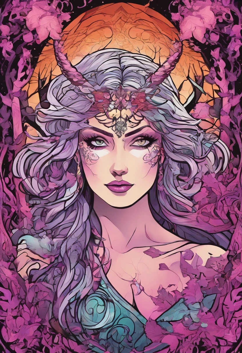 (a pink-haired demon woman,spells:1.1,glowing:1.1)(illustration)(best quality,ultra-detailed,realistic:1.37),demonic witch(demonic:1.1)(magic:1.1)(forest)(dark and mysterious,ominous atmosphere),casting powerful spells,creating magical energy(magic:1.1),vibrant pink hair(swirling pink hair)(flowing pink hair),horns(devil horns:1.1),piercing red eyes,enchanted scepter(magical scepter),elaborate dark robe,glowing magical sigils,fiery embers swirling(magical embers:1.1)(glowing embers),magical aura(glowing aura),eerie shadows,otherworldly presence(presence),sinister smile,nightfall in the background(dark night:1.1)(moonlit forest),lush and dense foliage(twisted trees)(mystical plants:1.1),mystical particles(swirling particles)(floating particles),ethereal glow(ethereal:1.1)(soft glow),faint moonlight breaking through the trees,haunting and captivating(scary atmosphere),bewitching beauty,wide range of colors(vivid colors)(contrasting colors),mystical realm,impressive details,dynamic composition,mesmerizing artwork,photorealistic style(picasso style),impressive shading and lighting,explosive energy,magical atmosphere(fantasy atmosphere),dreamlike scene