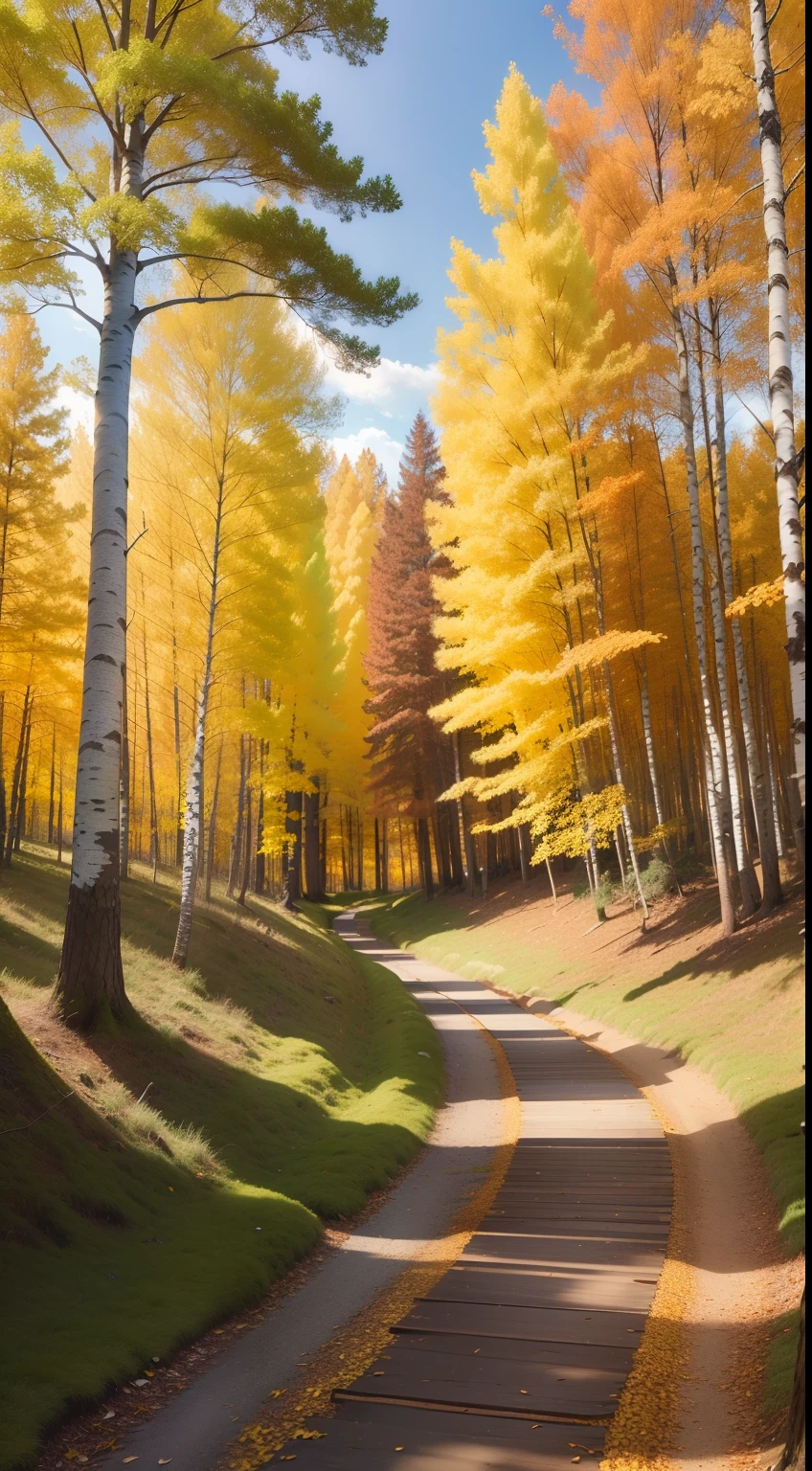 Autumn, In the morning, in the woods,Birch trees,white bark, yellow leaves,Lots of fallen leaves, the wooden plank road,Bright environment, blue sky,Natural scenery, real lens, camera shooting,f/1.2 wide-angle lens,Low camera position,--ar 9:16 --q 2