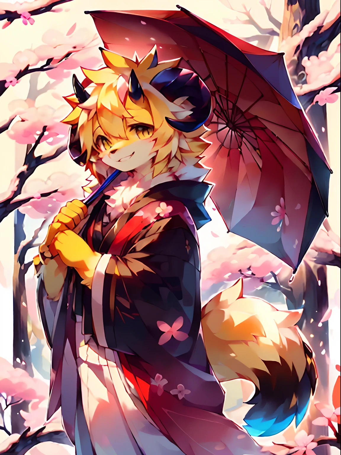 a golden fox, ((Fake smile))), ((( \(parfect anatomy\)))), ((holding traditional umbrella)), , ((horn, cherry blossom)), black tail, fluffy mane, yellow body, yellow hair, fallen leaf(独奏)