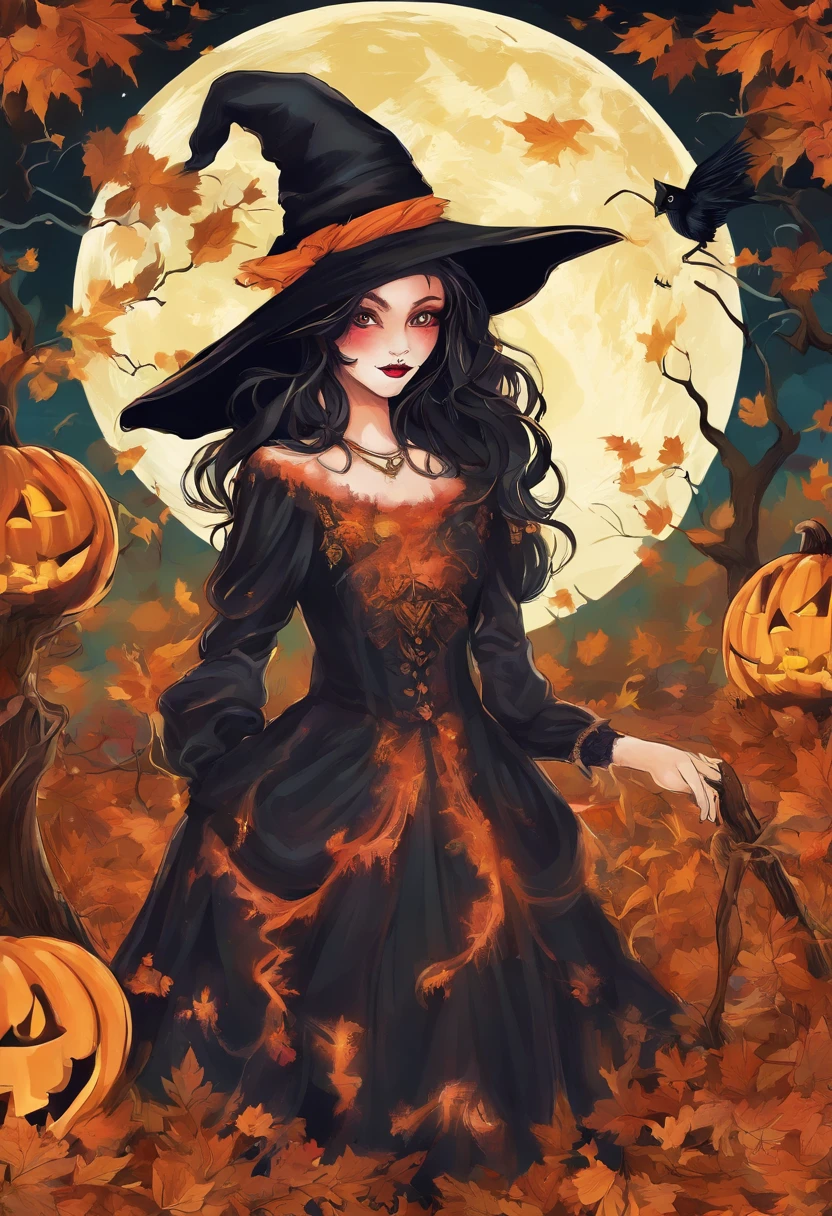 halloween themed witch,jack o lantern style dress,beautiful detailed eyes,beautiful detailed lips,longeyelashes,witch hat,glowing,candle light,hauntingly elegant,spooky forest background,magic broomstick,flying in the moonlight,bats flapping wings,mystical atmosphere,pumpkin patch,witchcraft,cauldron brewing potion,full moon,witch's familiar black cat,vivid colors,dark and mysterious,nighttime scene,enchanted forest,whimsical,harmonious color palette,shadowy figure,spellbinding,witch's coven,casting spells,creepy silhouette,moonlit sky,glowing runes,ghostly apparitions,haunted house,witchy accessories,witch's staff with magical powers,witchcraft and sorcery,spiderwebs,macabre,creepy crawlies,ominous clouds over the moon