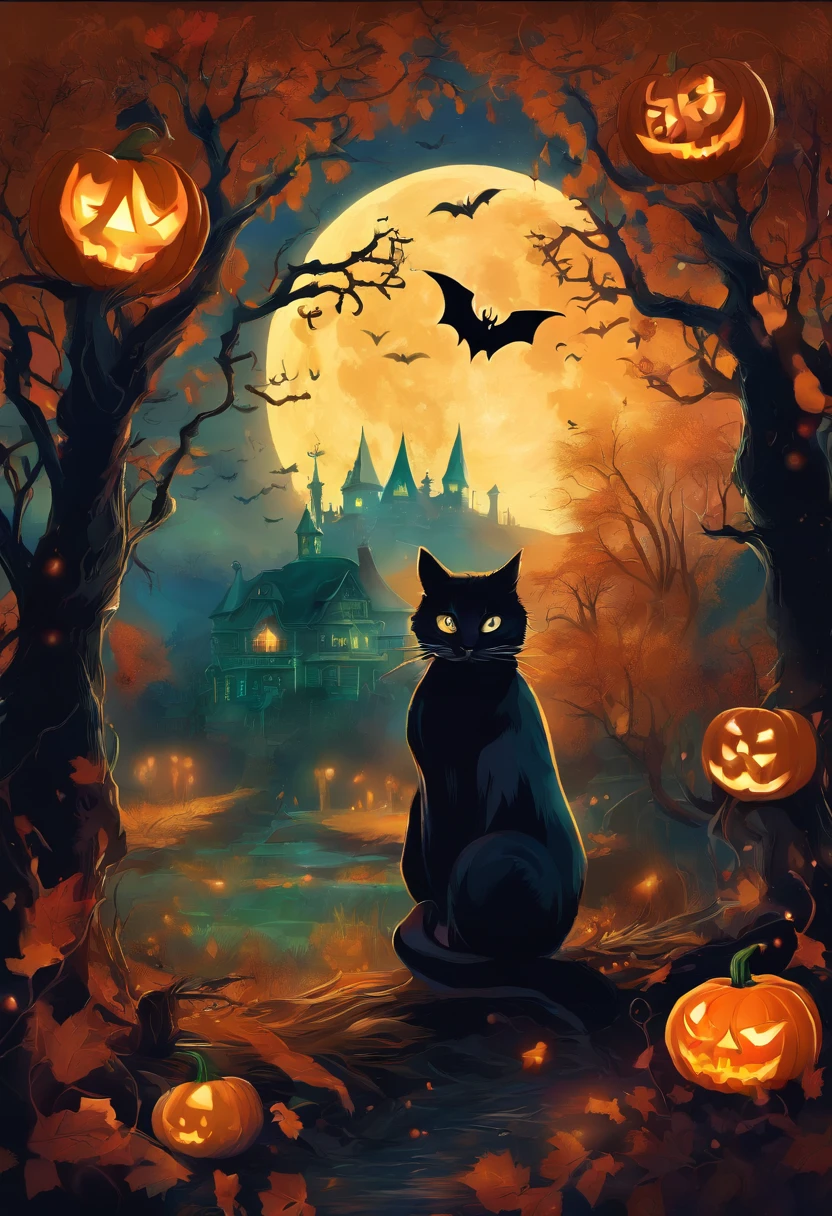 halloween themed witch,jack o lantern style dress,beautiful detailed eyes,beautiful detailed lips,longeyelashes,witch hat,glowing,candle light,hauntingly elegant,spooky forest background,magic broomstick,flying in the moonlight,bats flapping wings,mystical atmosphere,pumpkin patch,witchcraft,cauldron brewing potion,full moon,witch's familiar black cat,vivid colors,dark and mysterious,nighttime scene,enchanted forest,whimsical,harmonious color palette,shadowy figure,spellbinding,witch's coven,casting spells,creepy silhouette,moonlit sky,glowing runes,ghostly apparitions,haunted house,witchy accessories,witch's staff with magical powers,witchcraft and sorcery,spiderwebs,macabre,creepy crawlies,ominous clouds over the moon