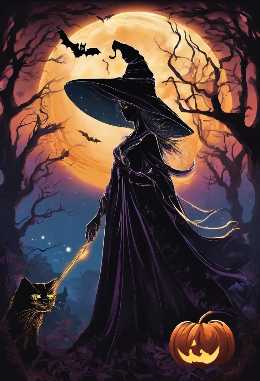 halloween themed witch,jack o lantern style dress,beautiful detailed eyes,beautiful detailed lips,longeyelashes,witch hat,glowing,candle light,hauntingly elegant,spooky forest background,magic broomstick,flying in the moonlight,bats flapping wings,mystical atmosphere,pumpkin patch,witchcraft,cauldron brewing potion,full moon,witch's familiar black cat,vivid colors,dark and mysterious,nighttime scene,enchanted forest,whimsical,harmonious color palette,shadowy figure,spellbinding,witch's coven,casting spells,creepy silhouette,moonlit sky,glowing runes,ghostly apparitions,haunted house,witchy accessories,witch's staff with magical powers,witchcraft and sorcery,spiderwebs,macabre,creepy crawlies,ominous clouds over the moon