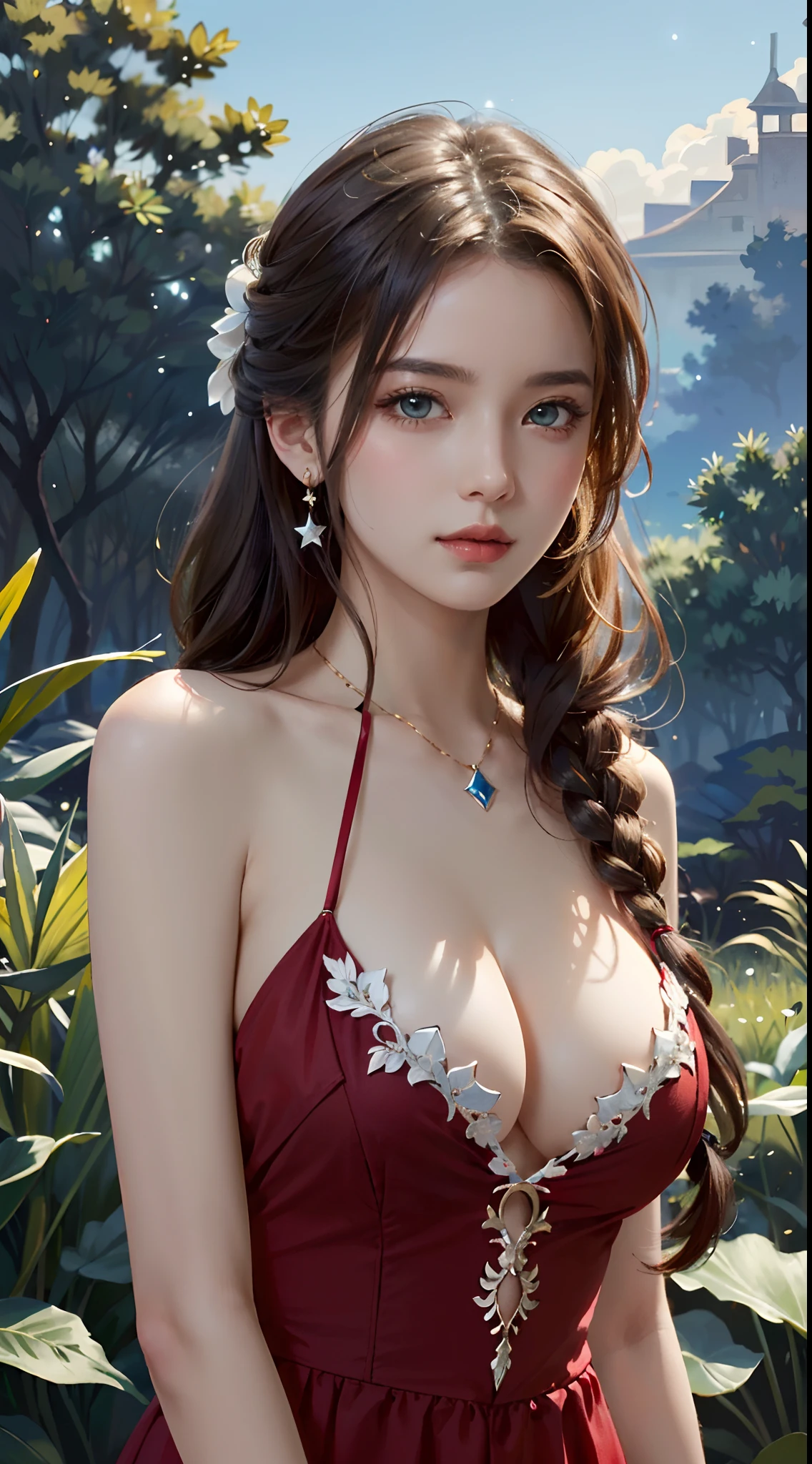 Trends on ArtStation, Trends on CGSociety, Intricate, High Detail, Sharp Focus, Dramatic, starry night sky, Aerith Gainsborough of Final Fantasy, Aerith's original Final fantasy 7 costume, 25 years old, mature looking, Realistic Art of Drawing by Midjourney and Greg Rutkowski, Sketch, Masterpiece, Best Quality, Very Detailed, 1female, Half-body, head to bust image scope, close-up shot, beautiful red dress, standing position, Beautiful Meticulous Eyes, Cute Face, Bust, big bossoms, Beautiful Meticulous Face, White Hair, (Botanical Illustration: 1.5), no pornographical exposure, bigger breasts