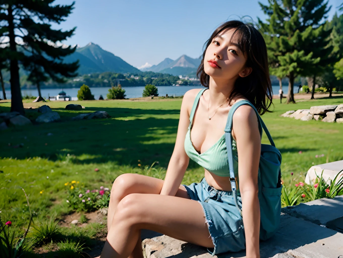 1girll ,Deep V shorts, ultra - detailed, Bust photo, exteriors, mont, backpacks, water bottel, Mountain shoes, mitts, ln the forest, smog, shadowing, to contrast, sunny clear sky, filmgrain,a warm color palette, closeup cleavage, cinematric light, 超高分辨率, Best shadow, Masterpiece,high detal,