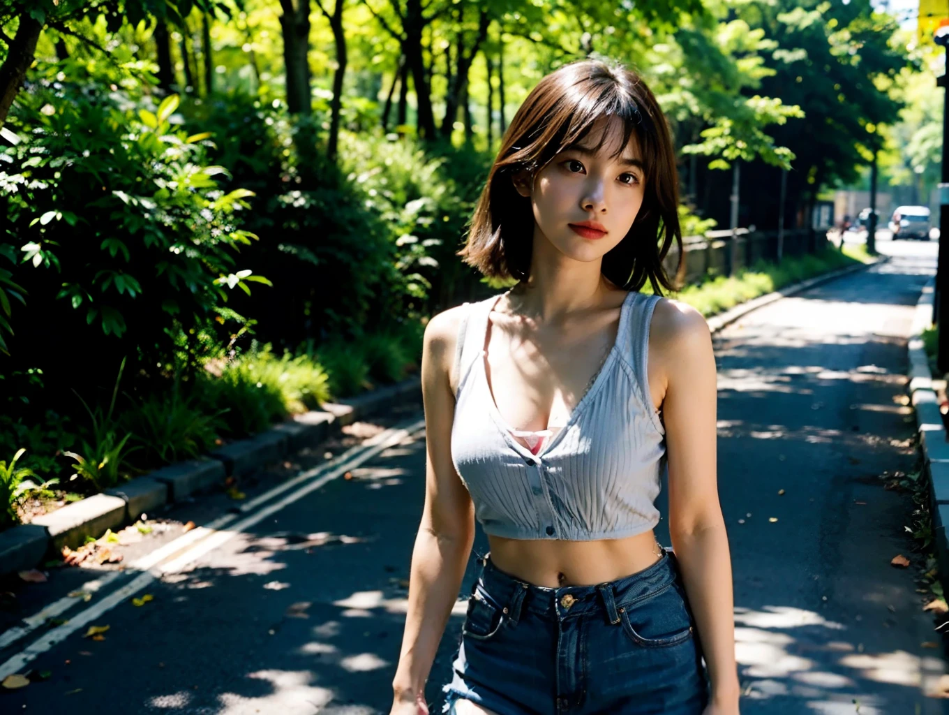 1girll ，Deep V shorts, ultra - detailed， Bust photo， exteriors， mont， backpacks， water bottel， Mountain shoes， mitts， ln the forest，  smog， shadowing， to contrast， sunny clear sky， filmgrain，a warm color palette， closeup cleavage， cinematric light， 超高分辨率， Best shadow， Masterpiece，high detal,