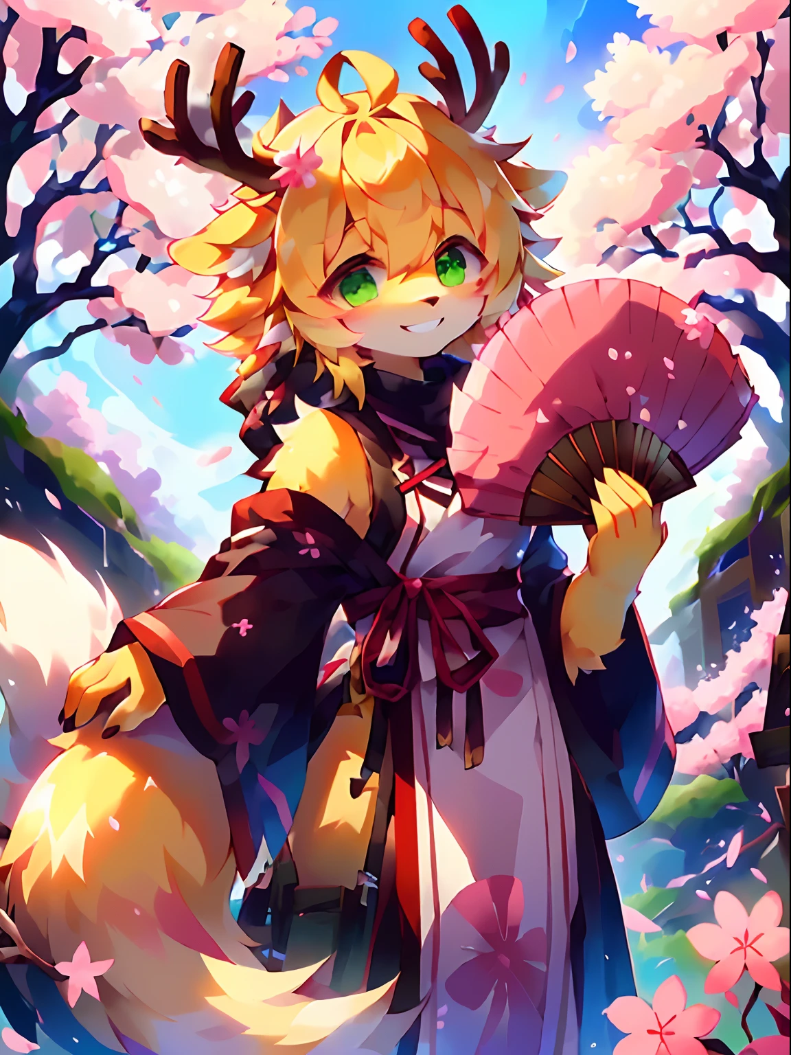 a golden fox, ((Fake smile))), ((( \(parfect anatomy\)))), ((holding traditional fan)), , ((antler, cherry blossom)), black tail, fluffy mane, green eyes, yellow body, yellow hair, fallen leaf(独奏)
