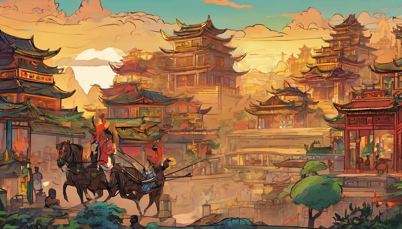 A bustling ancient Chinese city,A carriage is slowly approaching,4K,super-fine,tmasterpiece,high qulity