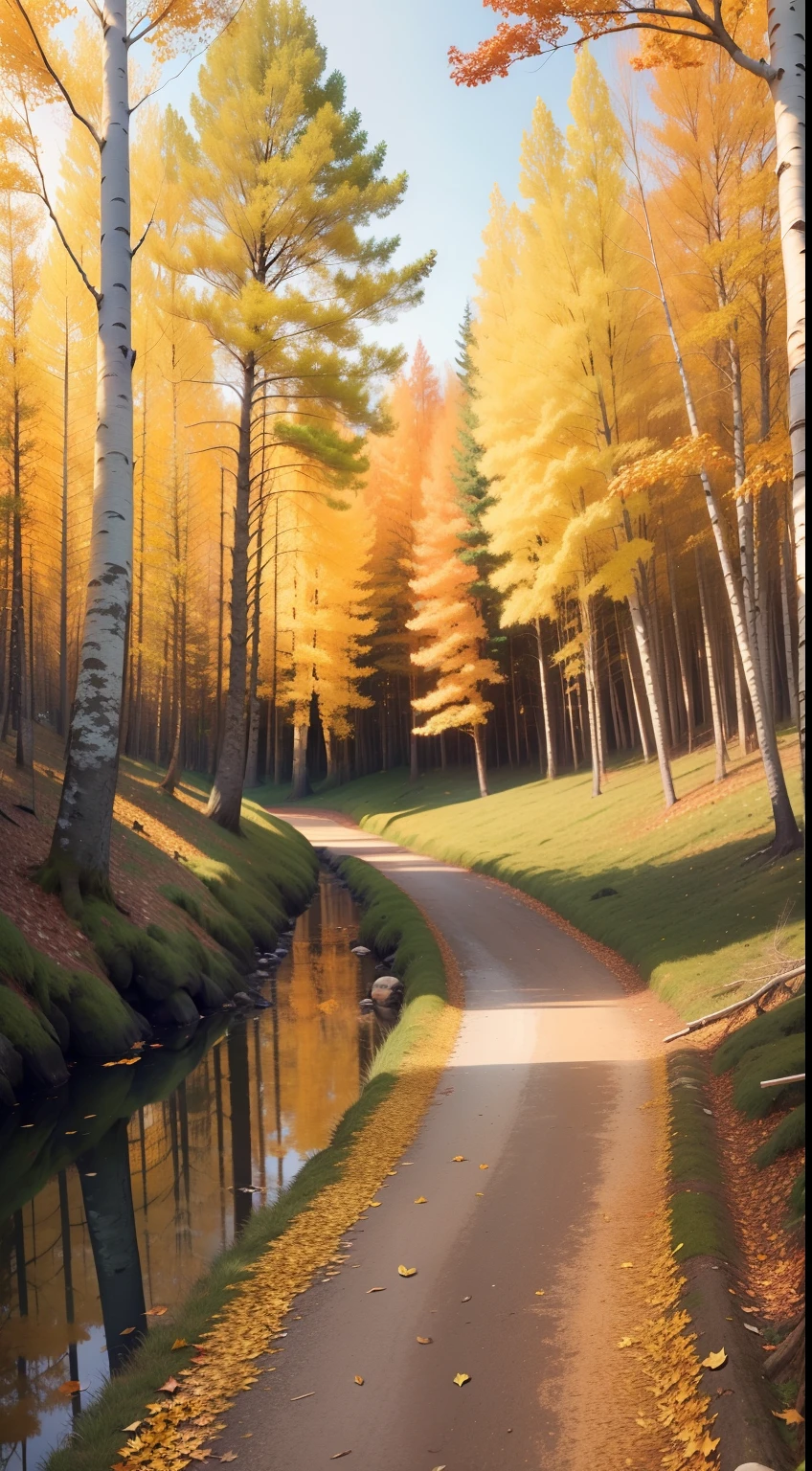 Autumn, In the morning,The sun rises, In the woods,Birch,White bark, Yellow leaves,The ground is full of fallen leaves, Boardwalk,Bright environment, Asaka sky,Natural scenery, real footage, Camera shot,f/1.2 Wide angle lens,Low camera position,--ar 9:16 --q 2