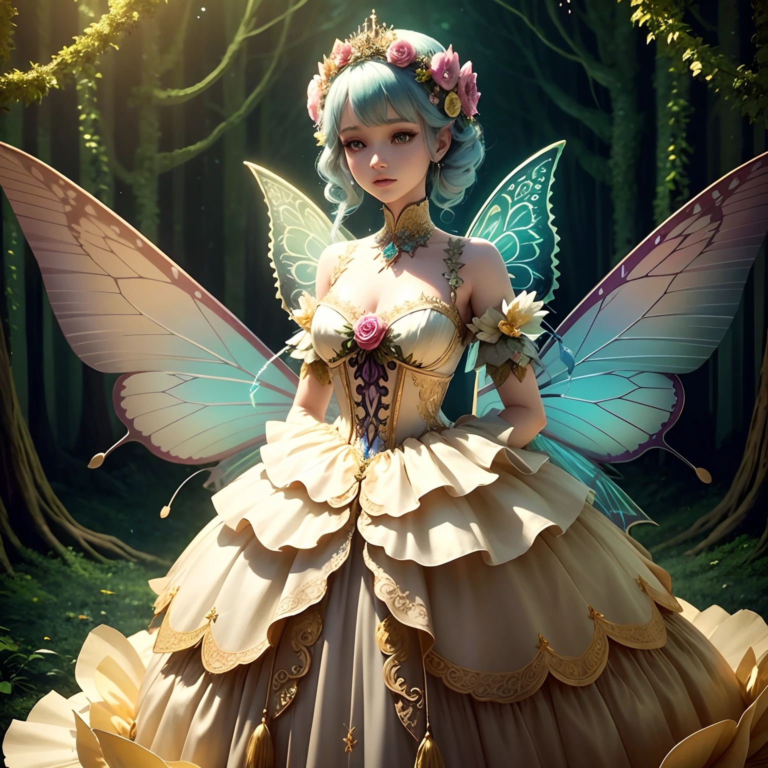 A mannequin with 3D flower and butterfly dress, is standing in the forest, costume dress, magical dress, ethereal fairy tale, intricate costume dress, beautiful costume, lady with bright flower dress, costume costume, beautiful adult fairy queen, very magical and dreamer, in an extravagant fairy tale forest, Fairy Queen, intricate long dress costume, and