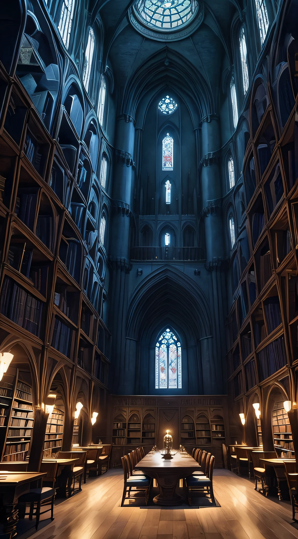 Castle towers, Harry Potter, Ravenclaw, lounges, arched windows, blue silk hanging on the walls, domed ceilings painted with stars, dark blue carpets with stars, tables, chairs, bookshelves on the floor