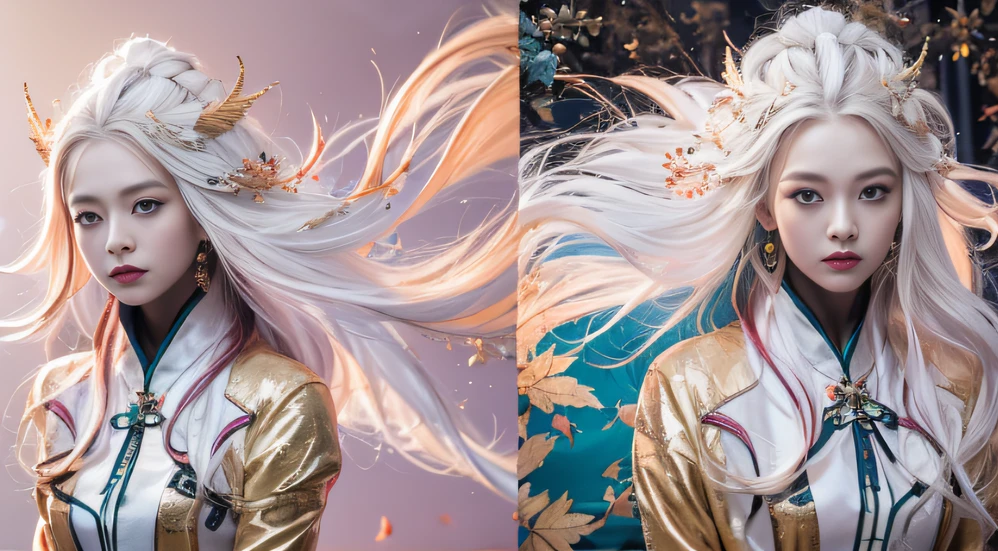 32K autumn views(tmasterpiece,k hd,hyper HD,32K)Long flowing black hair,ponds,zydink, a color, Autumn (Sexy girl nipple), (Blue and white silk scarf), Combat posture, looking at the ground, long whitr hair, Floating hair, Carp pattern headdress, Chinese long-sleeved cheongsam, (Abstract gouache splash:1.2), Pink petal background,Pink and white autumn sunset leaves flying(realisticlying:1.4),Black color hair,Fallen leaves flutter,The background is pure, A high resolution, the detail, RAW photogr, Sharp Re, Nikon D850 Film Stock Photo by Jefferies Lee 4 Kodak Portra 400 Camera F1.6 shots, Rich colors, ultra-realistic vivid textures, Dramatic lighting, Unreal Engine Art Station Trend, cinestir 800,Long flowing black hair,see-through transparent clothes