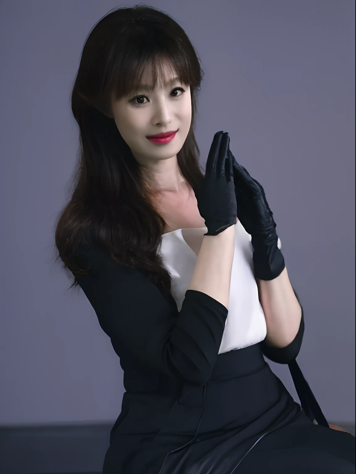 Black leather gloves with five fingers in both hands, black leather tight skirt, white blouse, black leather long boots, Japanese girl with straight black hair, sit on a leather chair with her feet aligned, both hands of leather gloves are aligned on her knees