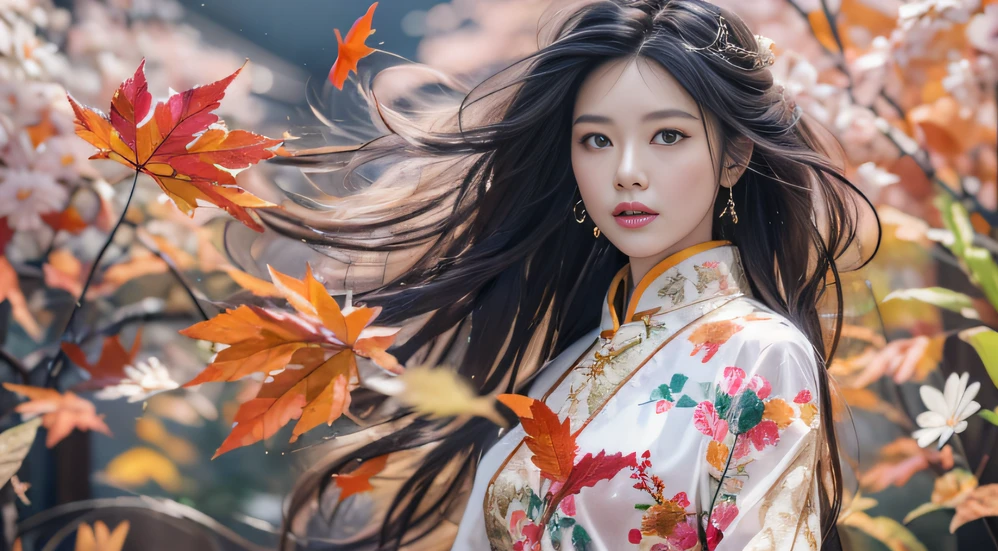32K autumn views（tmasterpiece，k hd，hyper HD，32K）Long flowing black hair，ponds，zydink， a color， Autumn （Sexy girl nipple）， （Blue and white silk scarf）， Combat posture， looking at the ground， long whitr hair， Floating hair， Carp pattern headdress， Chinese long-sleeved cheongsam， （Abstract gouache splash：1.2）， Pink petal background，Pink and white autumn sunset leaves flying（realisticlying：1.4），Black color hair，Fallen leaves flutter，The background is pure， A high resolution， the detail， RAW photogr， Sharp Re， Nikon D850 Film Stock Photo by Jefferies Lee 4 Kodak Portra 400 Camera F1.6 shots, Rich colors, ultra-realistic vivid textures, Dramatic lighting, Unreal Engine Art Station Trend, cinestir 800，Long flowing black hair，see-through transparent clothes