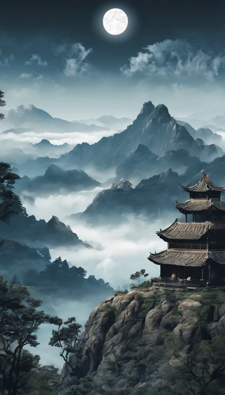 unmanned , Outdoors , Night , Dream ,( dense fog :1.4), full moon , Mountains , great rivers, Majestic pass ,(Minimalism :1.4), Classical Chinese art , filmposter , minimalistbackground, Clean screen ,Best quality , Perfect lighting , Masterpiece , offcial art ,8K, 超詳細,