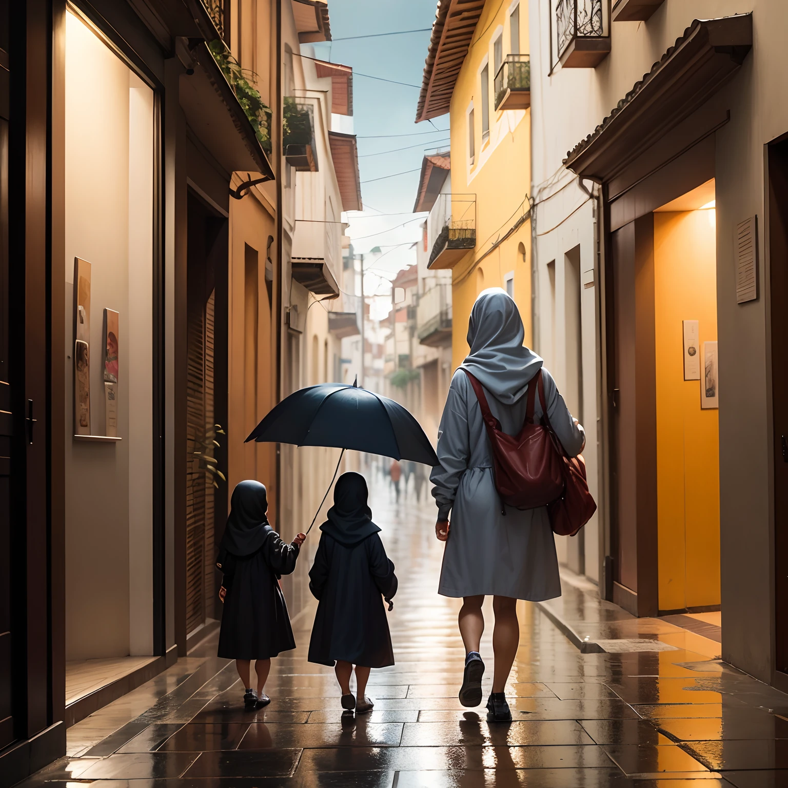 pintura de duas pessoas caminhando na chuva com guarda-chuvas,