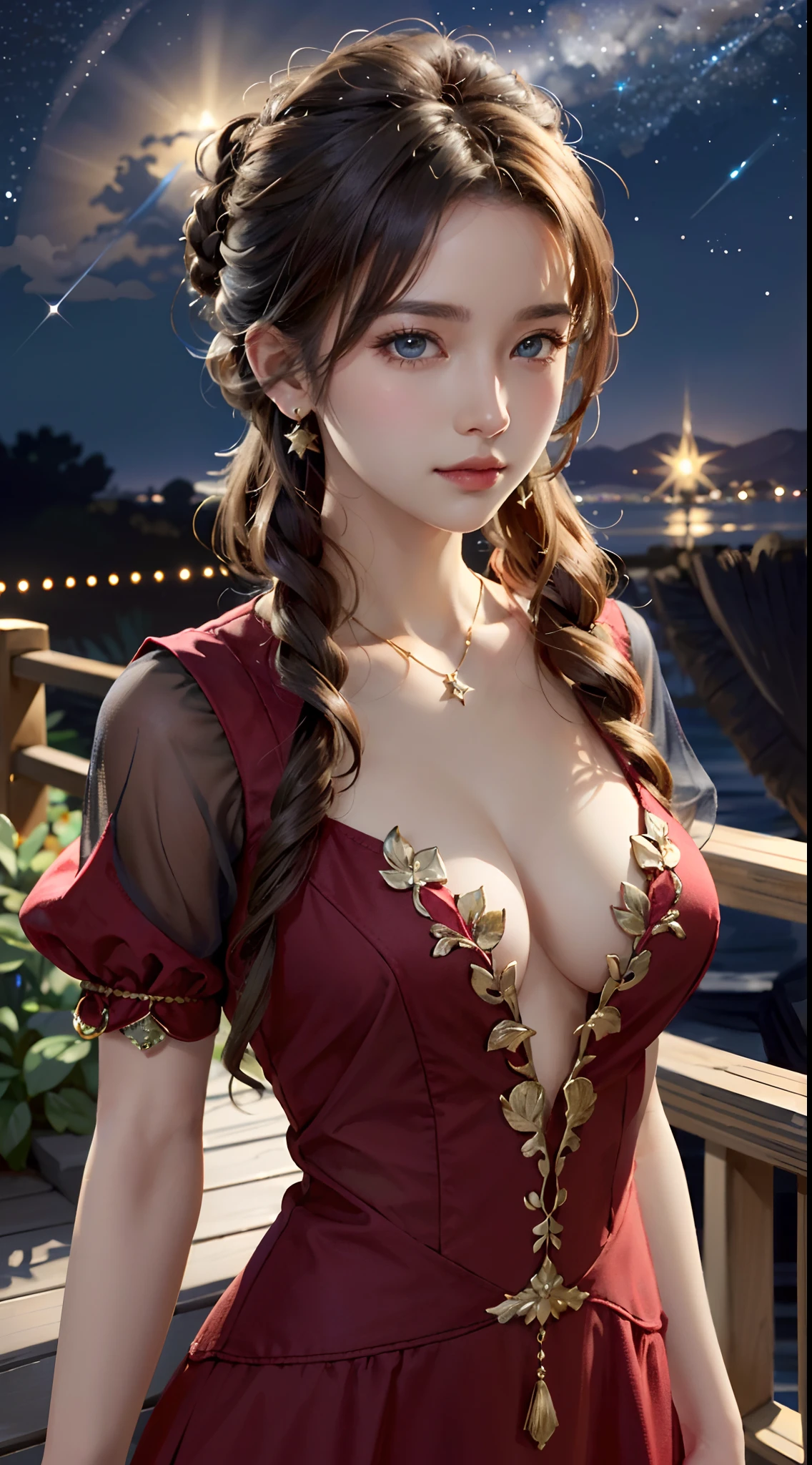 Trends on ArtStation, Trends on CGSociety, Intricate, High Detail, Sharp Focus, f 1.8, Dramatic, starry night sky, Aerith Gainsborough of Final Fantasy, Aerith's original Final fantasy 7 costume, 25 years old, mature looking, Realistic Art of Drawing by Midjourney and Greg Rutkowski, Sketch, Masterpiece, Best Quality, Very Detailed, 1female, Half-body, head to bust image scope, close-up shot, beautiful red dress, standing position, Beautiful Meticulous Eyes, Cute Face, Bust, big bossoms, Beautiful Meticulous Face, White Hair, (Botanical Illustration: 1.5), no pornographical exposure, bigger breasts