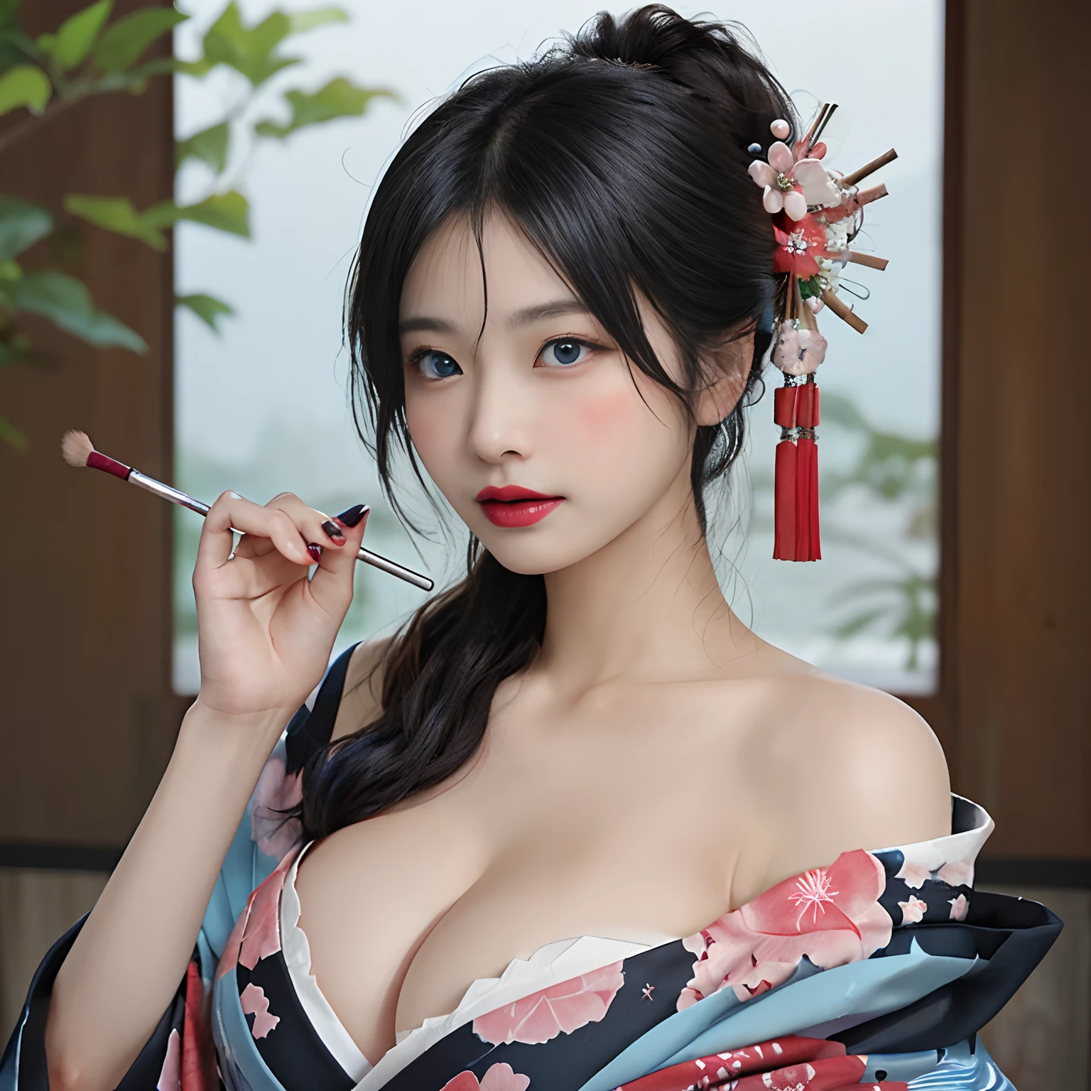split-colored hair、ichiro、
1girl in, 独奏, blue eyess, A dark-haired, hair adornments, Hugged, cleavage of the breast, middlebreasts, florals, Komono, Kimono, off shoulders, manicure, makeup, lipsticks, Japanese style background, red claw, eyeshadows, florals, hair stick, Kanzashi, Comb, Florals Kui