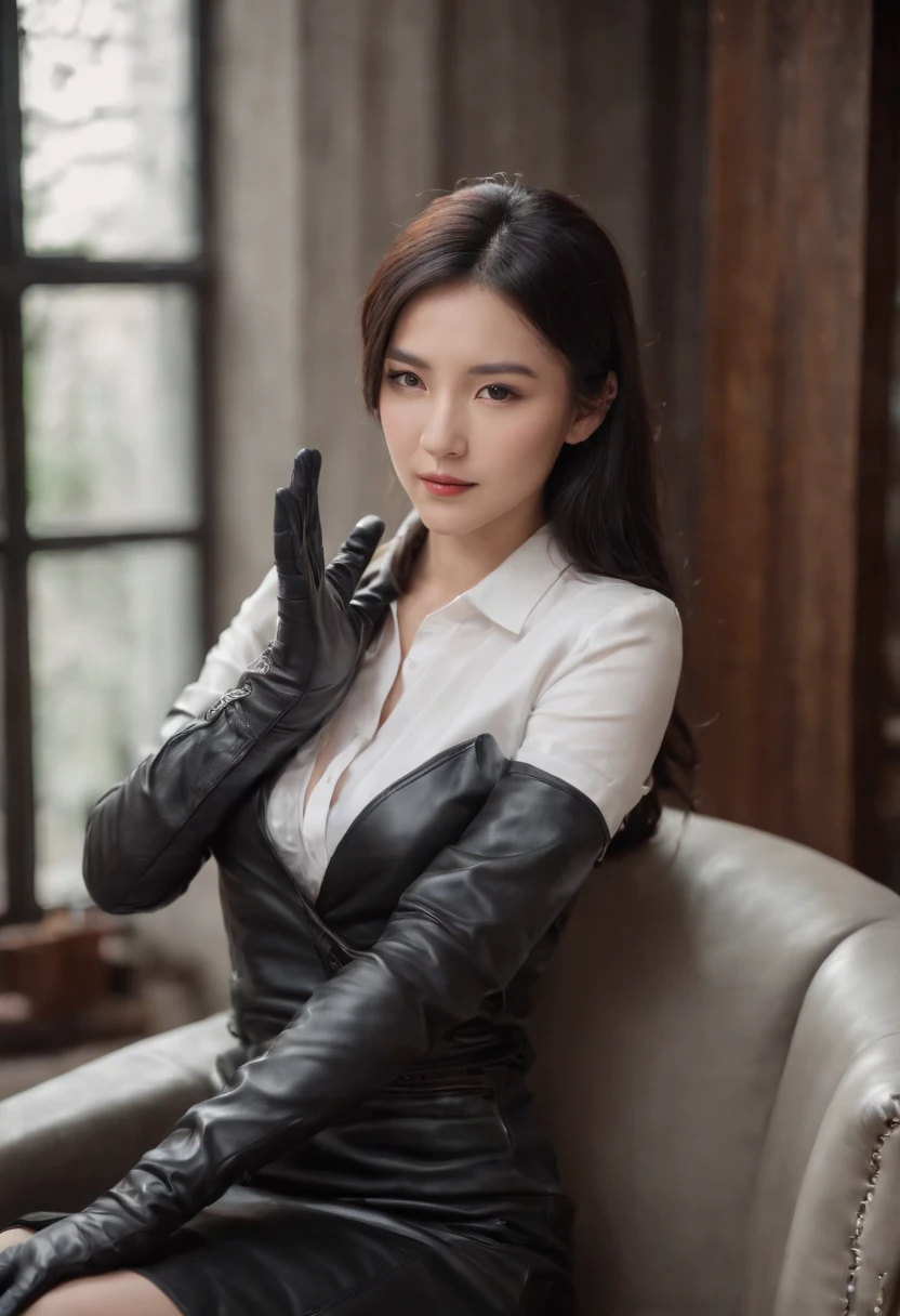 Black leather gloves with five fingers in both hands, black leather tight skirt, white blouse, black leather long boots, Japanese girl with straight black hair, sit on a leather chair with her feet aligned, both hands of leather gloves are aligned on her knees